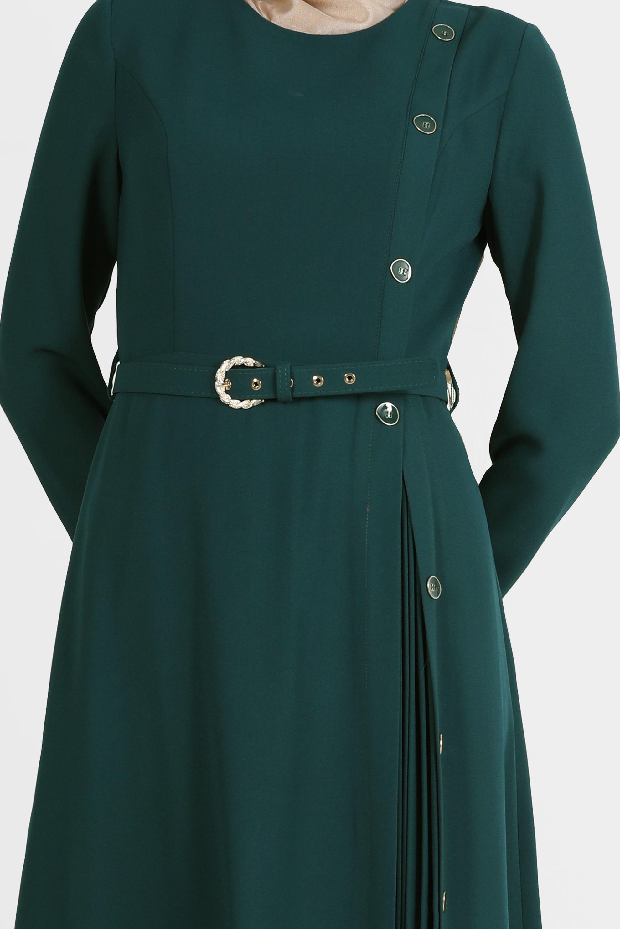 Tesettür giyim MAVİ PİLE DETAYLI DÜĞMELİ KEMERLİ KREP ELBİSE 42627 