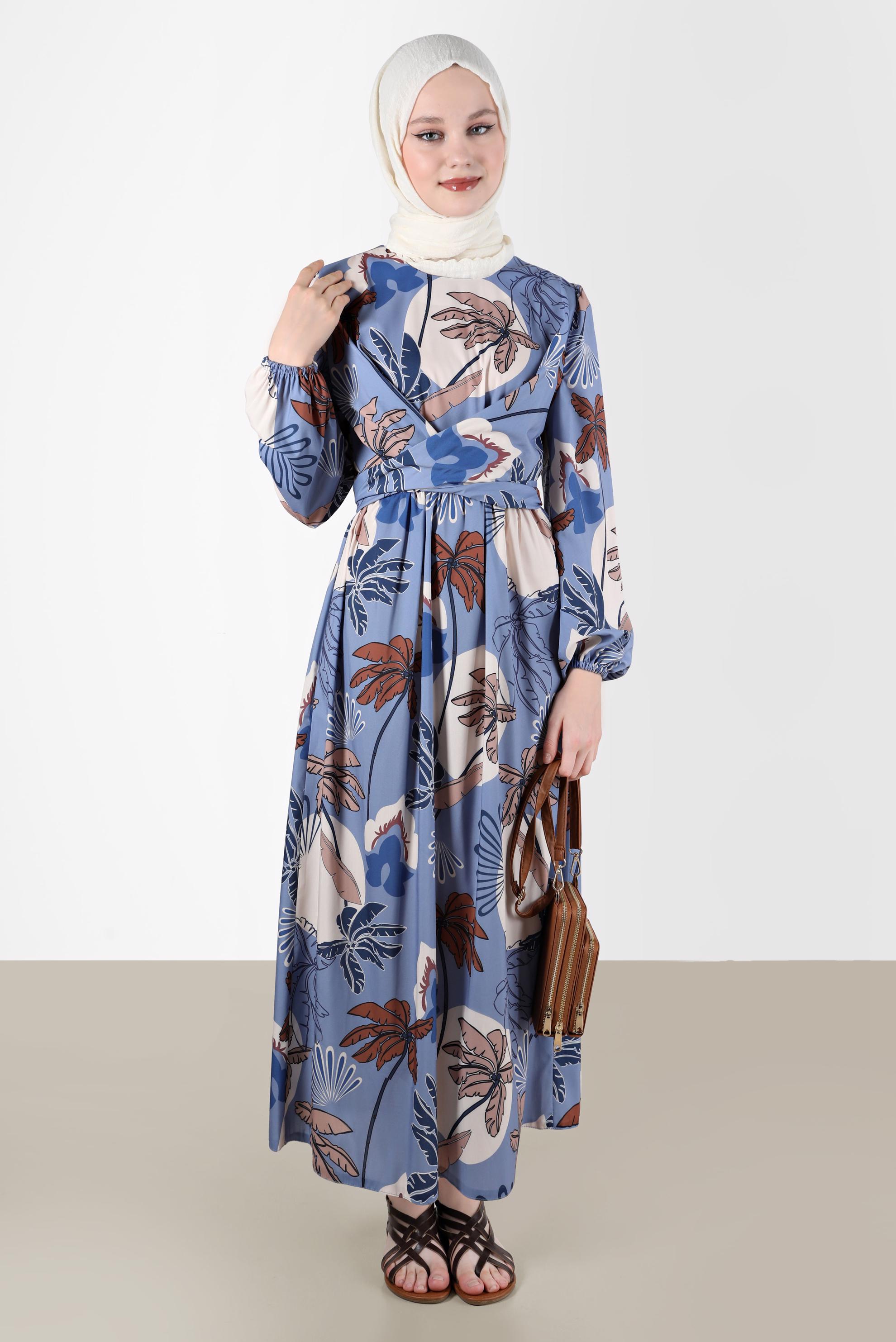 Tesettür giyim MAVİ BAĞLAMA DETAYLI DESENLİ ELBİSE 42630 