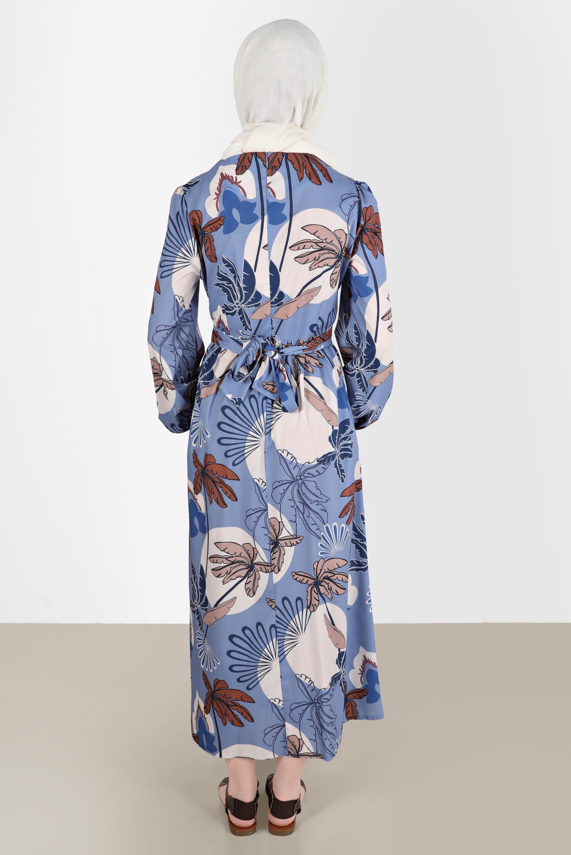 Tesettür giyim MAVİ BAĞLAMA DETAYLI DESENLİ ELBİSE 42630 