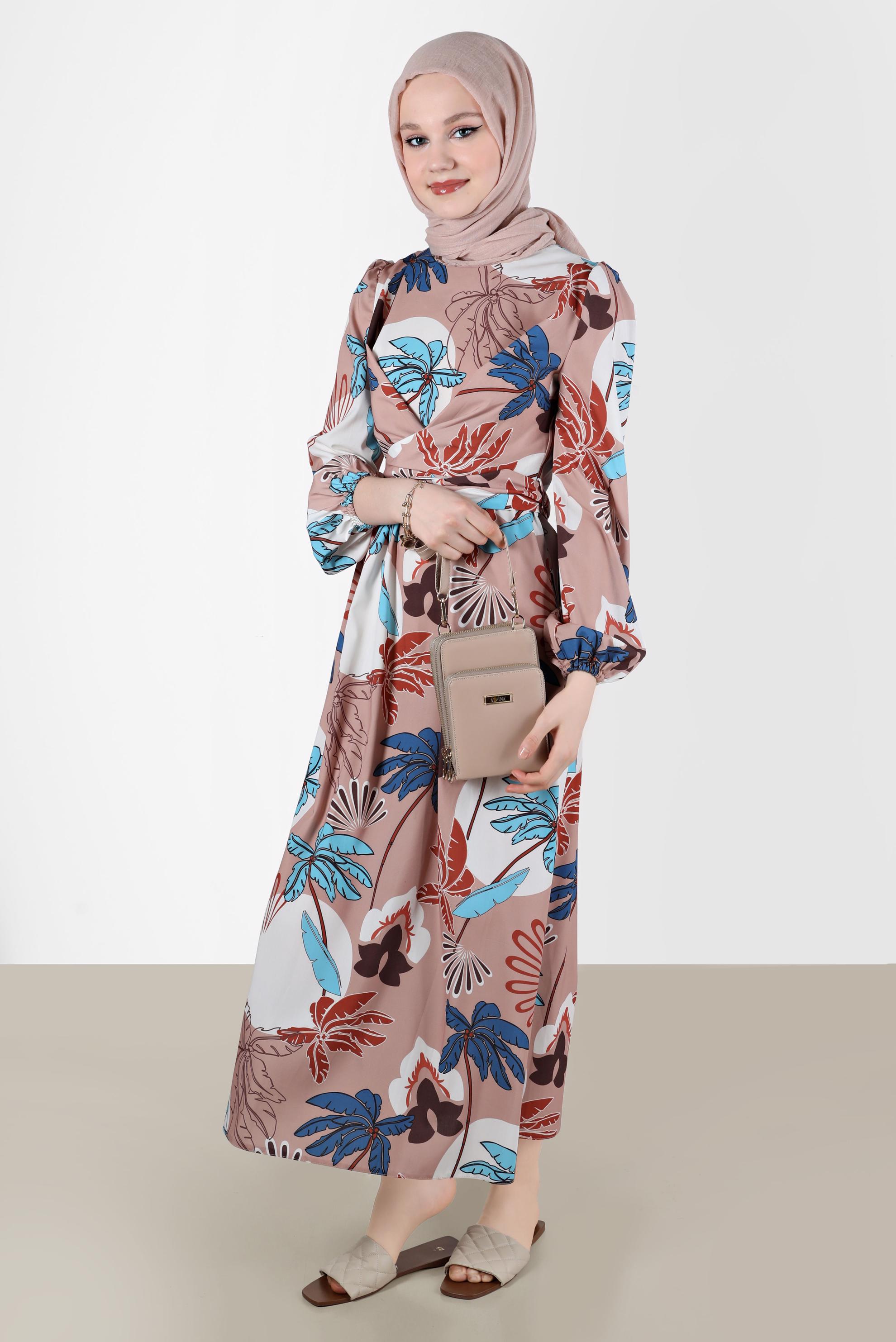 Tesettür giyim KAHVE BAĞLAMA DETAYLI DESENLİ ELBİSE 42630 
