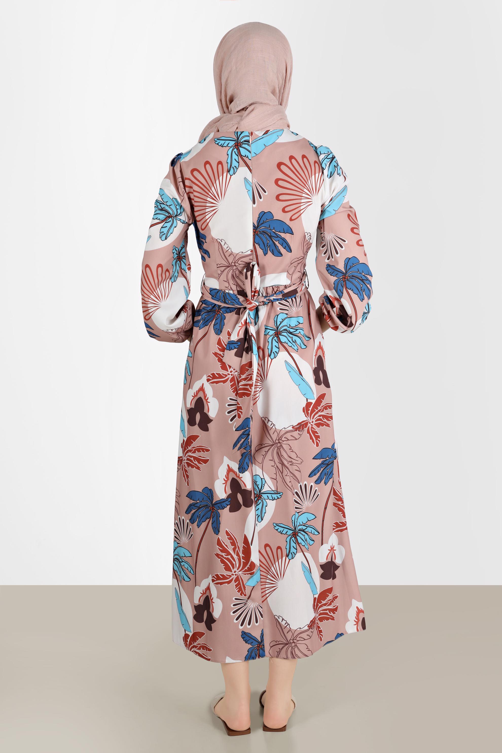 Tesettür giyim KAHVE BAĞLAMA DETAYLI DESENLİ ELBİSE 42630 