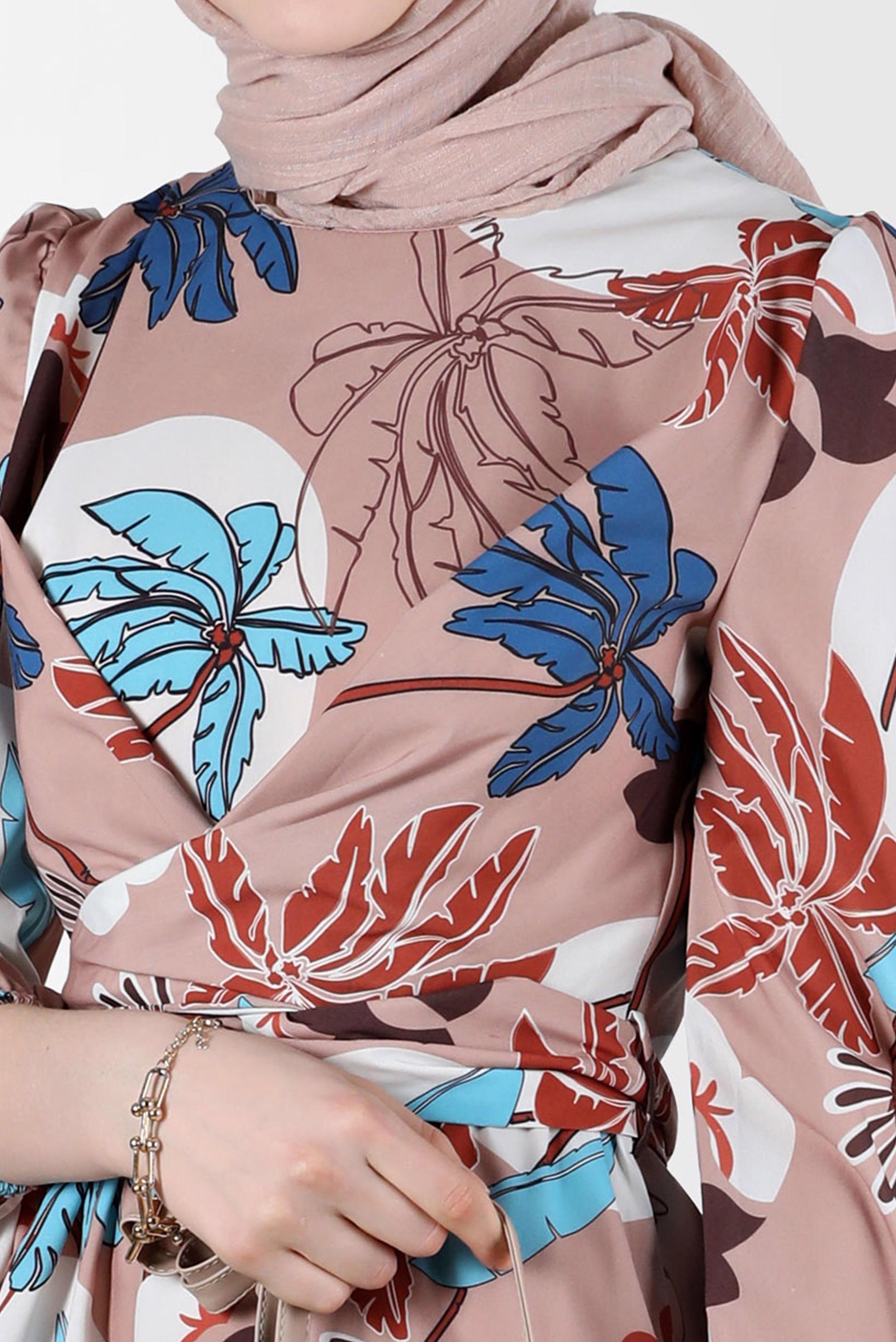 Tesettür giyim KAHVE BAĞLAMA DETAYLI DESENLİ ELBİSE 42630 