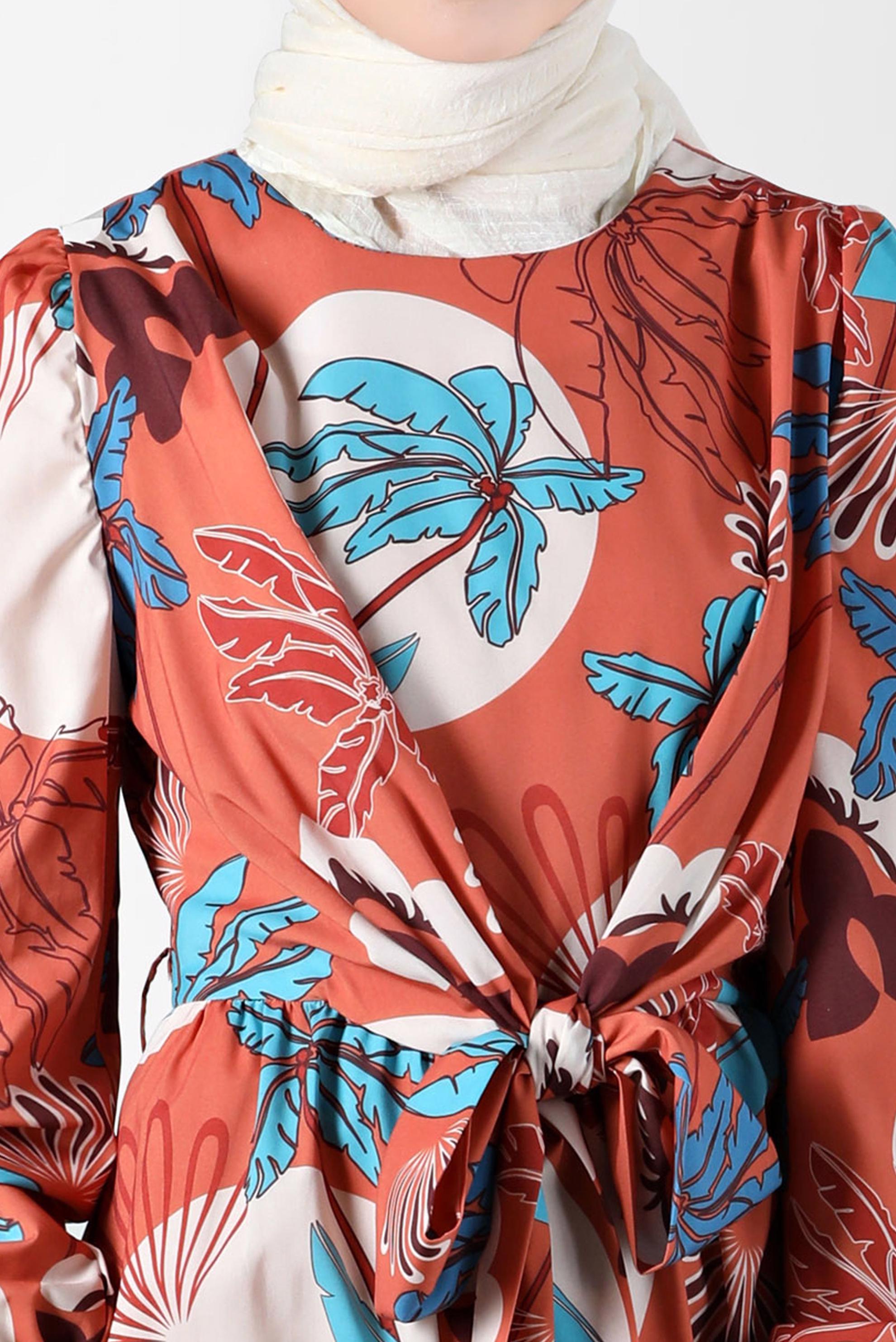 Tesettür giyim TURUNCU BAĞLAMA DETAYLI DESENLİ ELBİSE 42630 