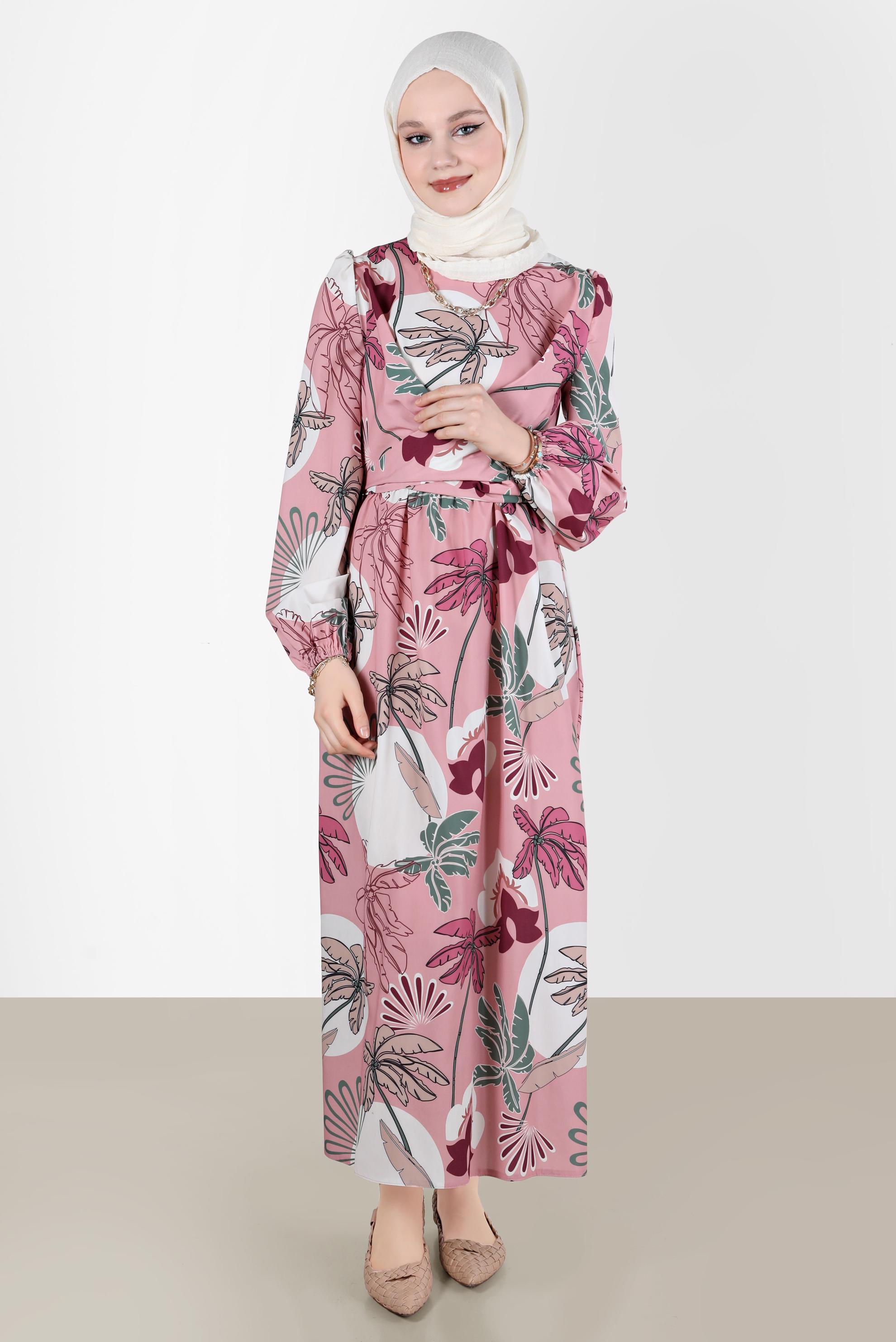 Tesettür giyim PUDRA BAĞLAMA DETAYLI DESENLİ ELBİSE 42630 