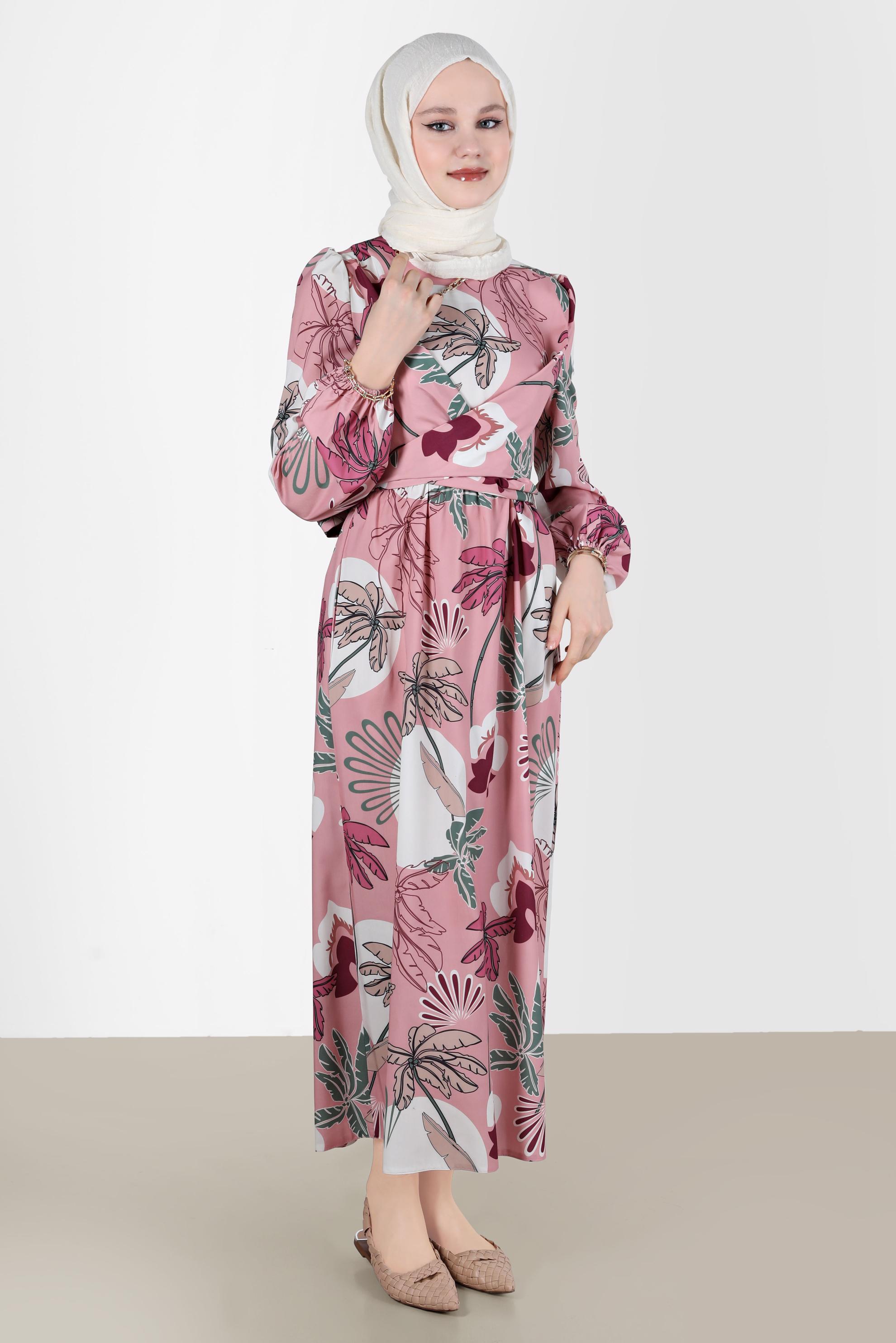 Tesettür giyim PUDRA BAĞLAMA DETAYLI DESENLİ ELBİSE 42630 