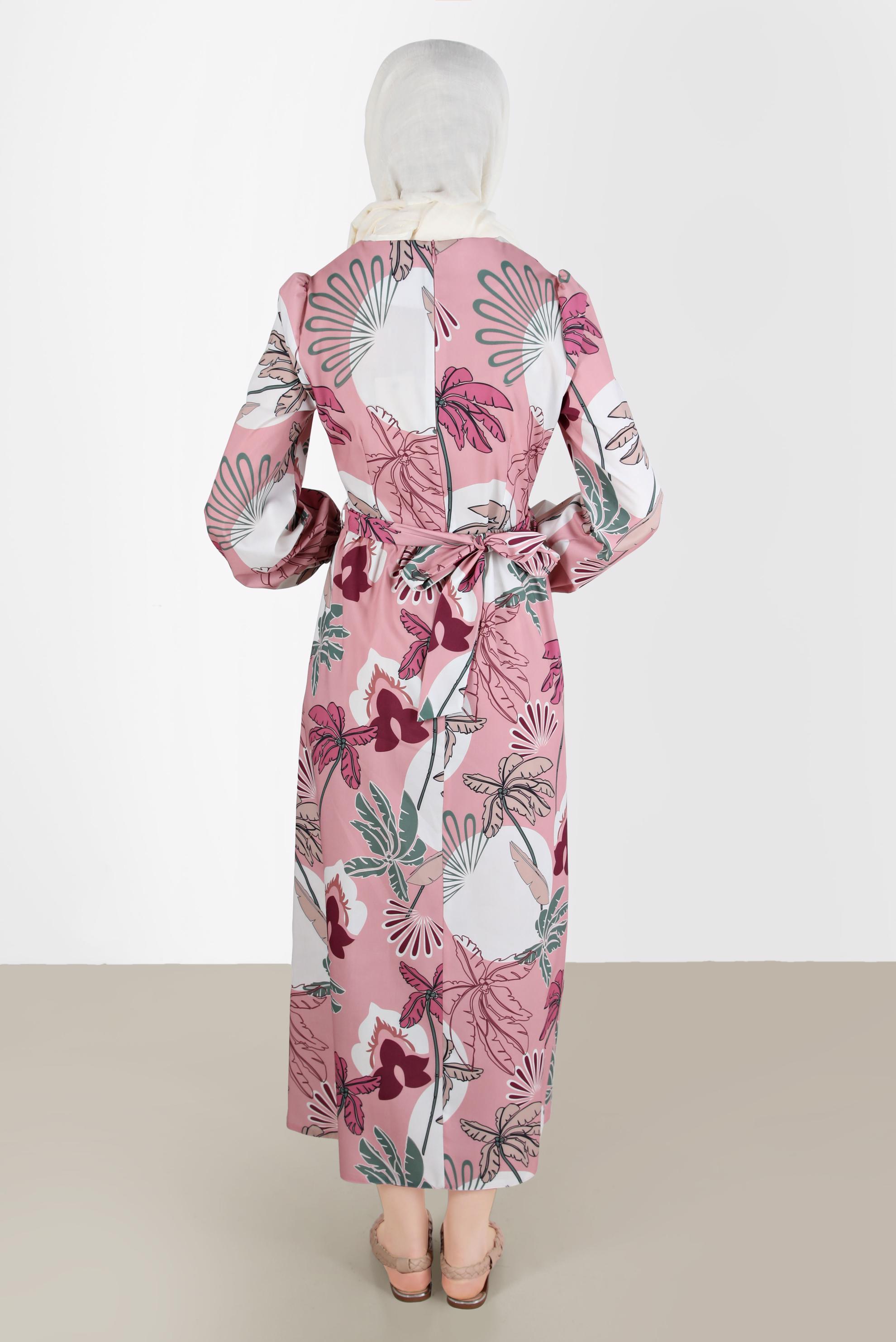 Tesettür giyim PUDRA BAĞLAMA DETAYLI DESENLİ ELBİSE 42630 