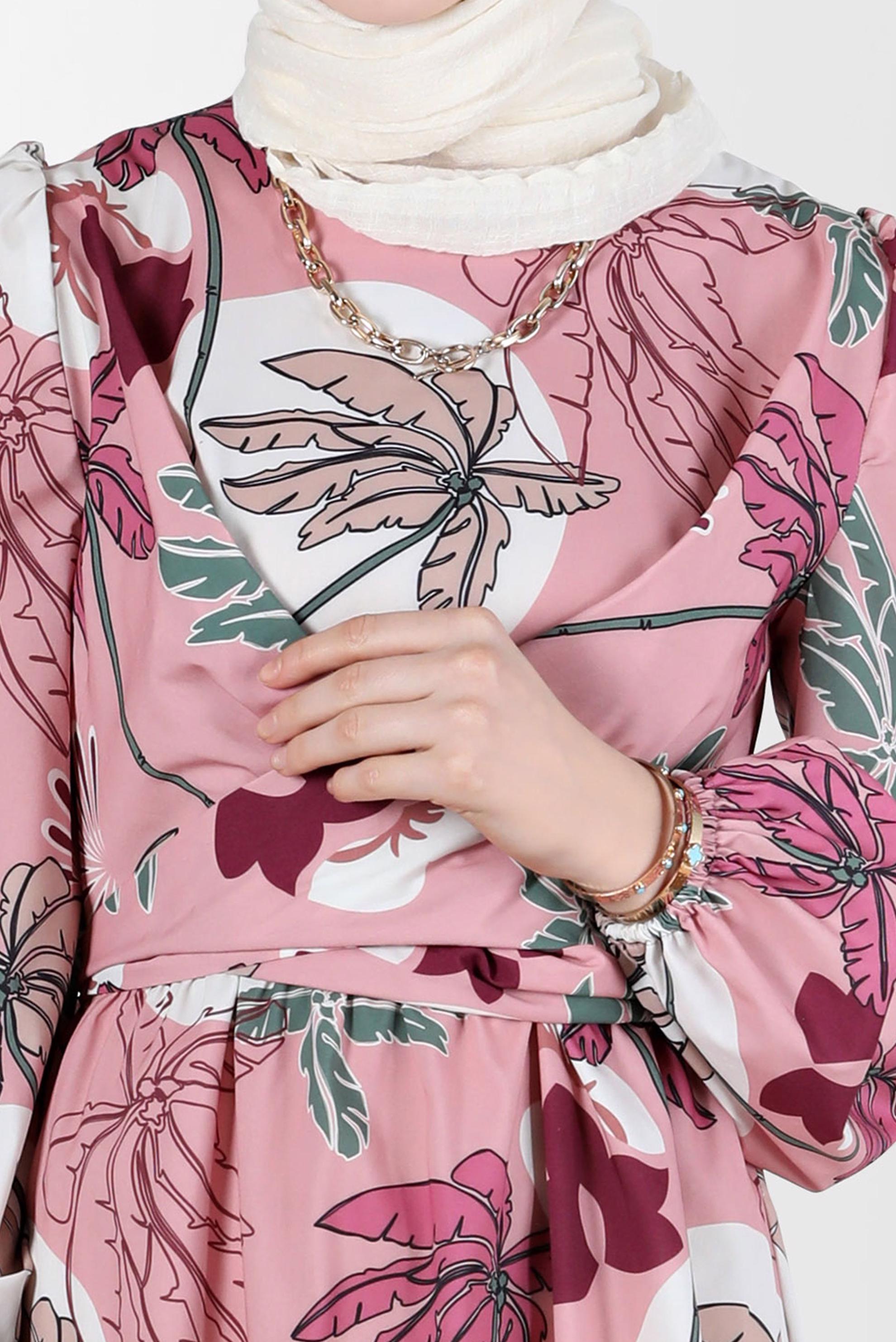 Tesettür giyim PUDRA BAĞLAMA DETAYLI DESENLİ ELBİSE 42630 