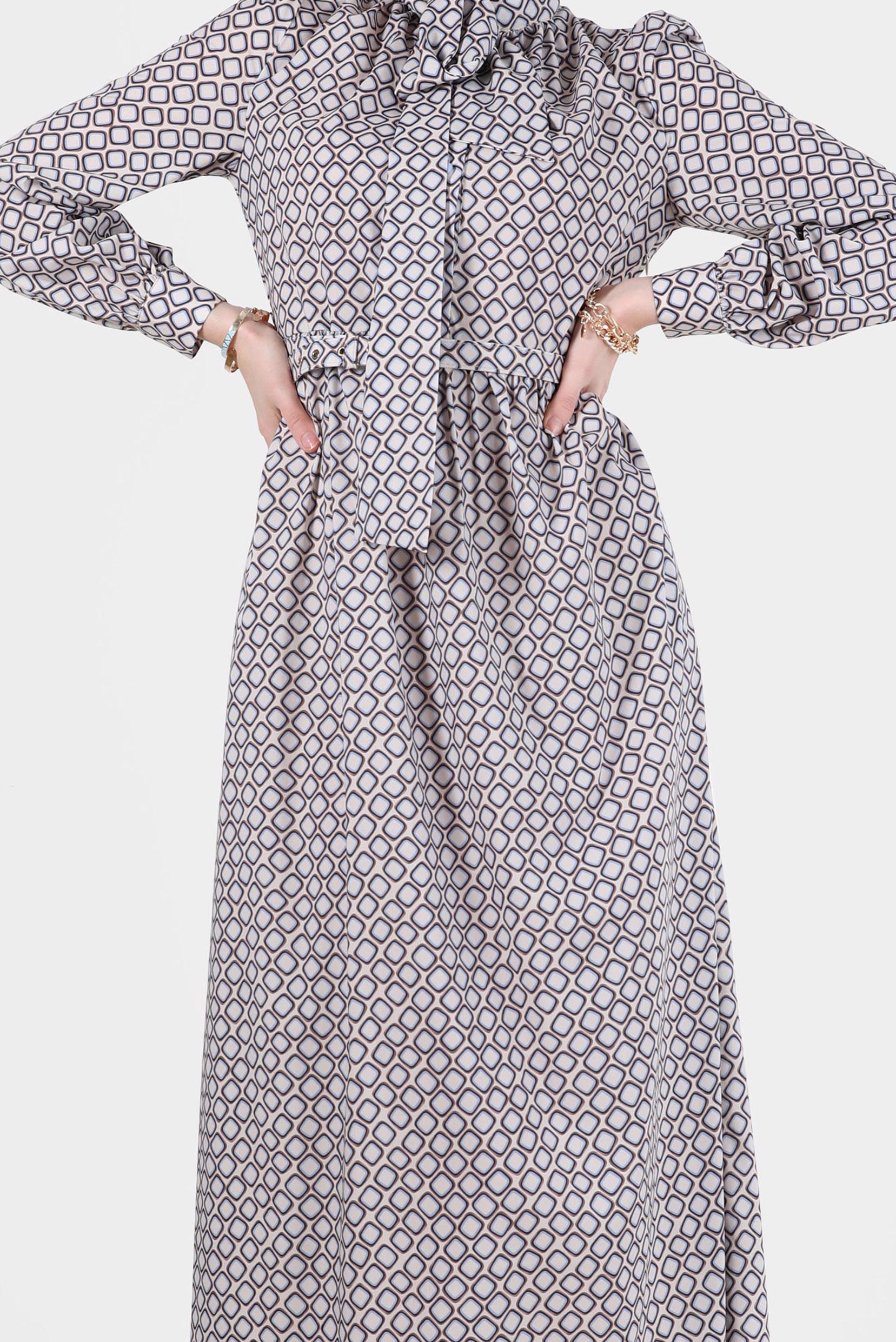 Tesettür giyim MAVİ YAKASI BAĞLAMALI DESENLİ ELBİSE 42631 