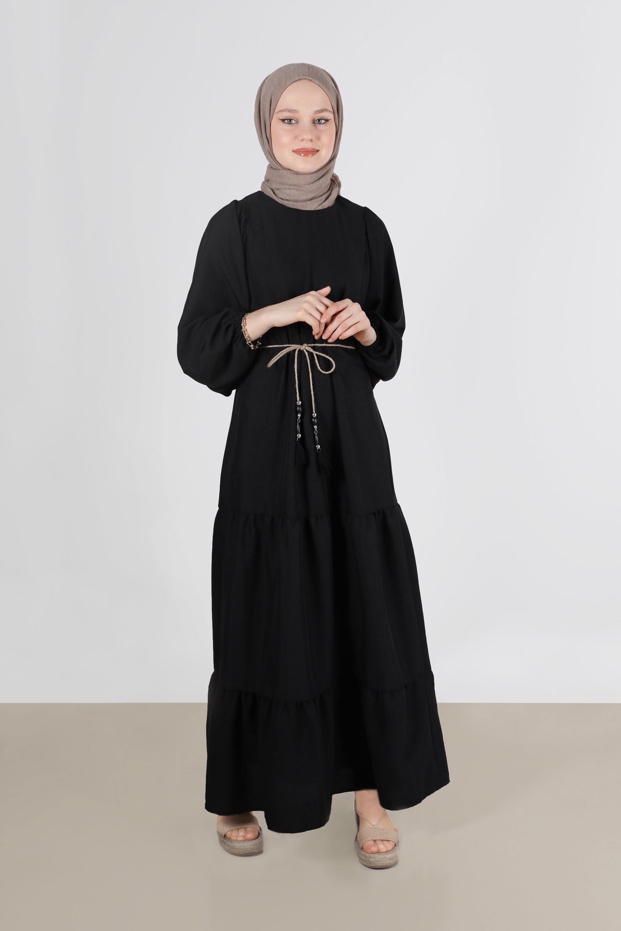 Tesettür giyim SİYAH MANŞETLERİ LASTİKLİ ELBİSE 42632 