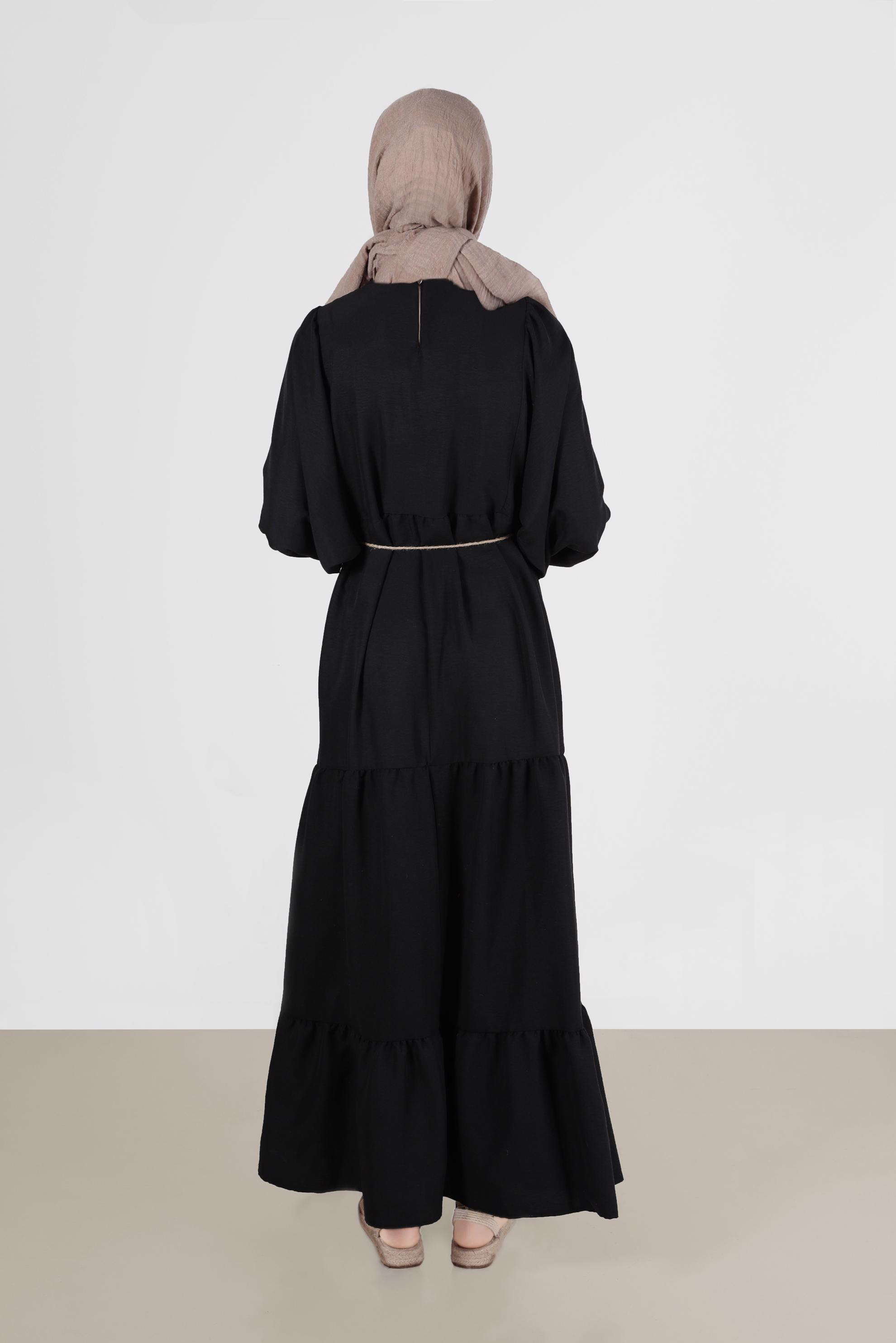 Tesettür giyim SİYAH MANŞETLERİ LASTİKLİ ELBİSE 42632 