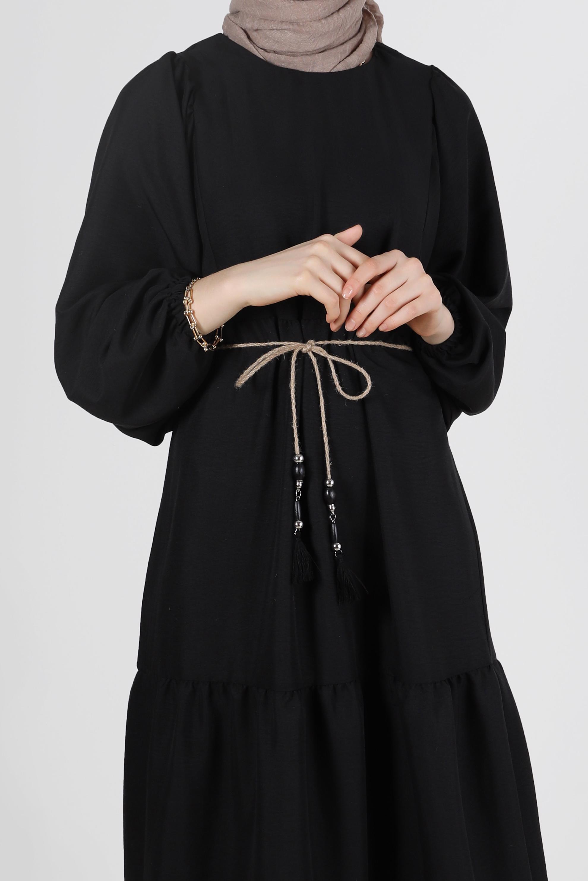 Tesettür giyim SİYAH MANŞETLERİ LASTİKLİ ELBİSE 42632 