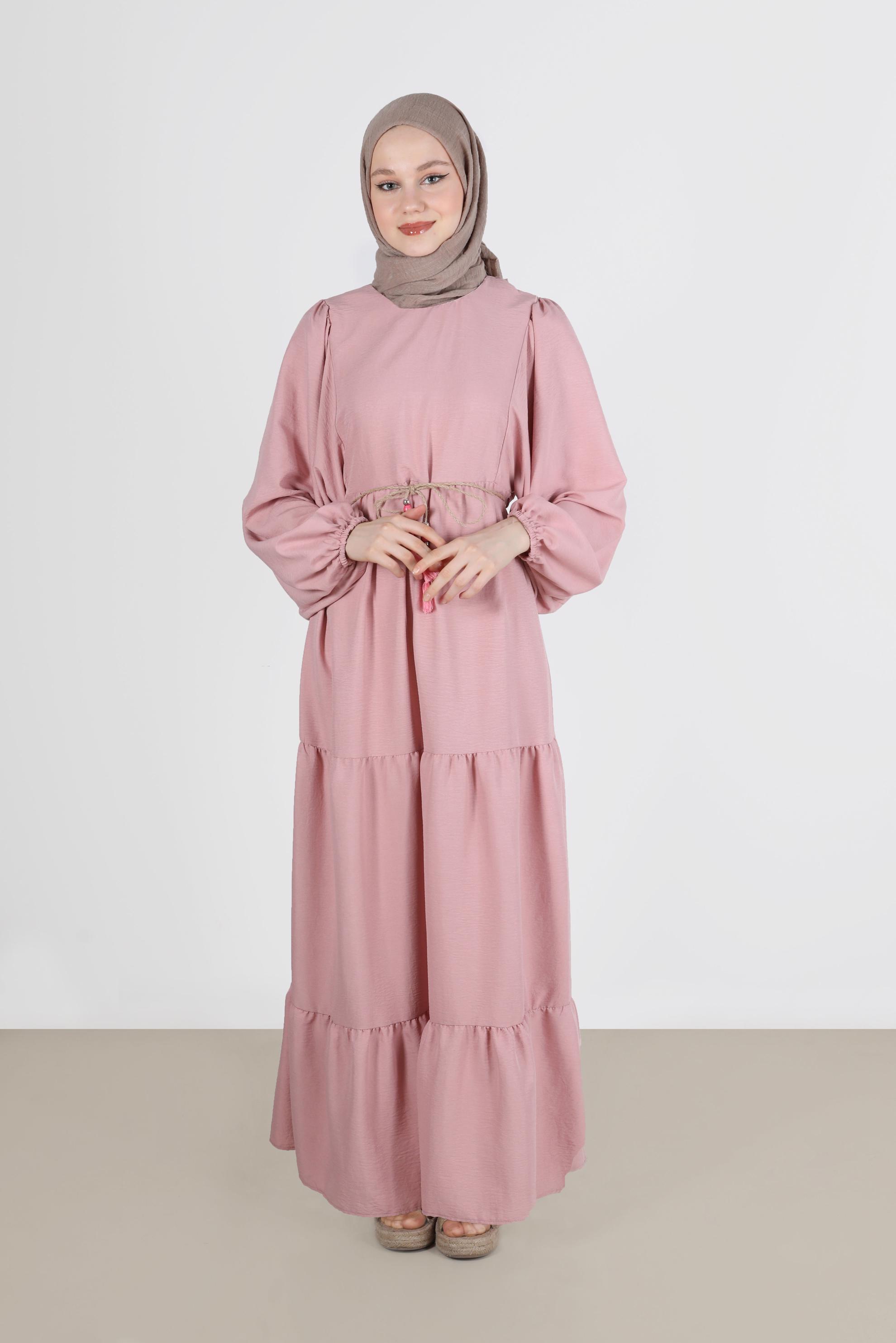 Tesettür giyim PUDRA MANŞETLERİ LASTİKLİ ELBİSE 42632 