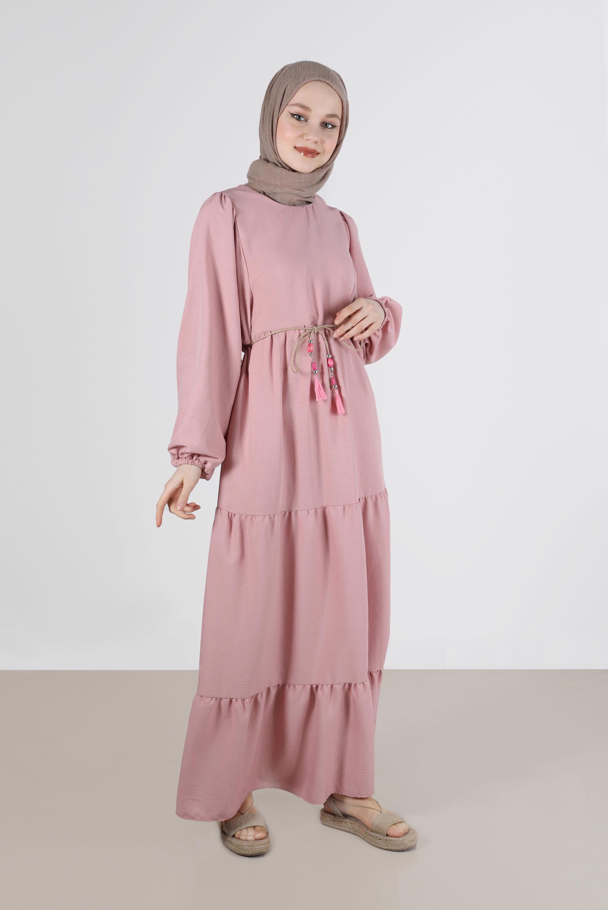 Tesettür giyim PUDRA MANŞETLERİ LASTİKLİ ELBİSE 42632 