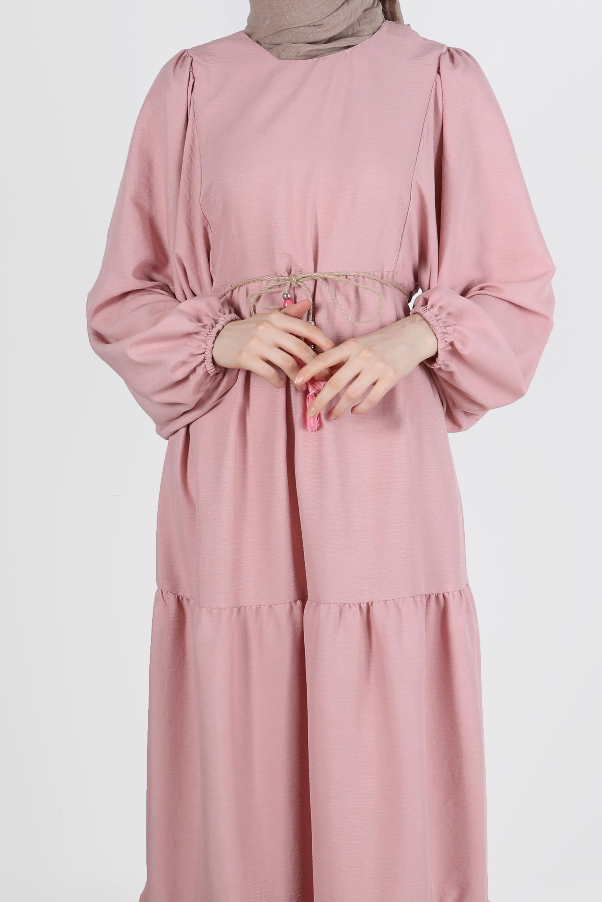 Tesettür giyim PUDRA MANŞETLERİ LASTİKLİ ELBİSE 42632 