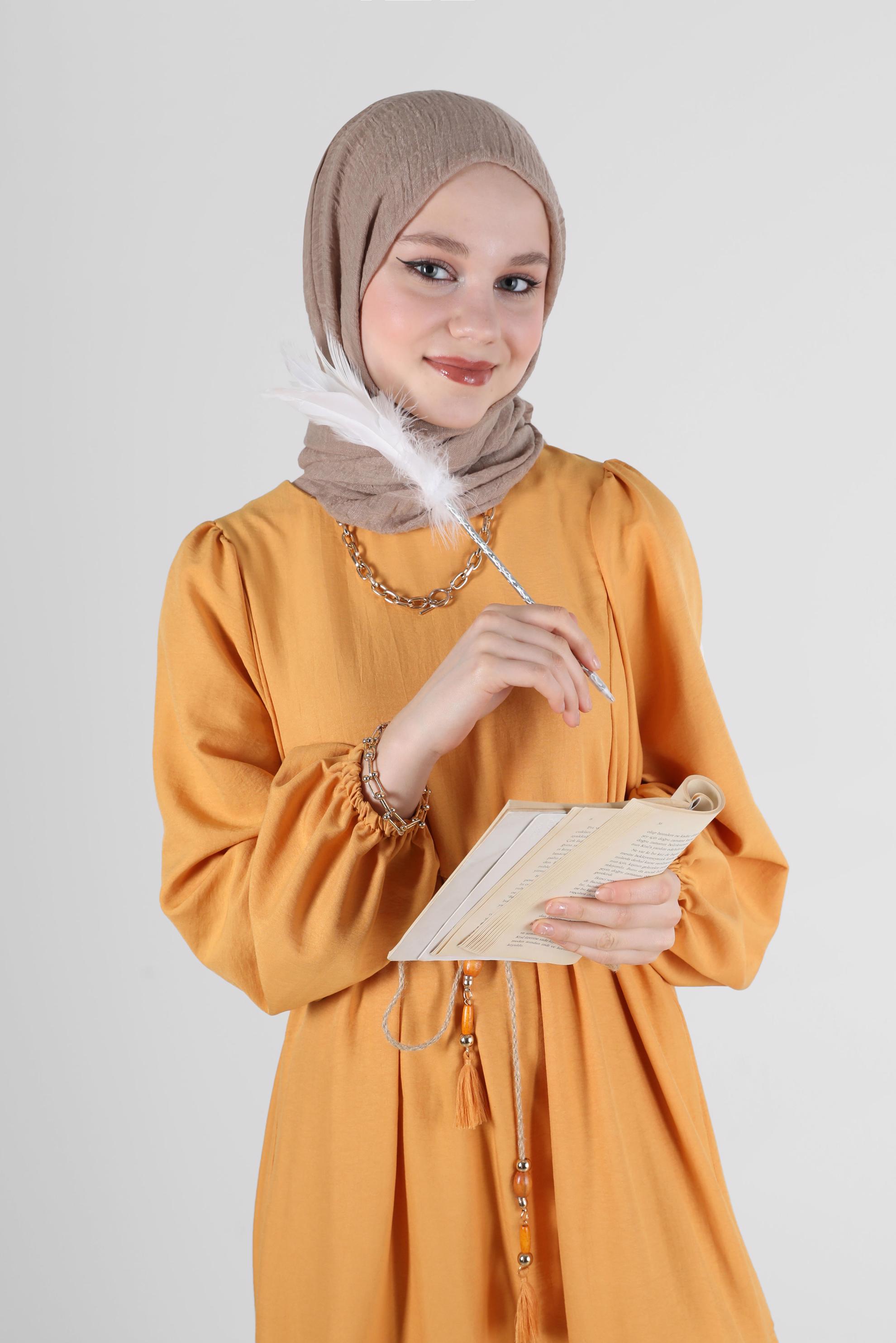 Tesettür giyim SARI MANŞETLERİ LASTİKLİ ELBİSE 42632 