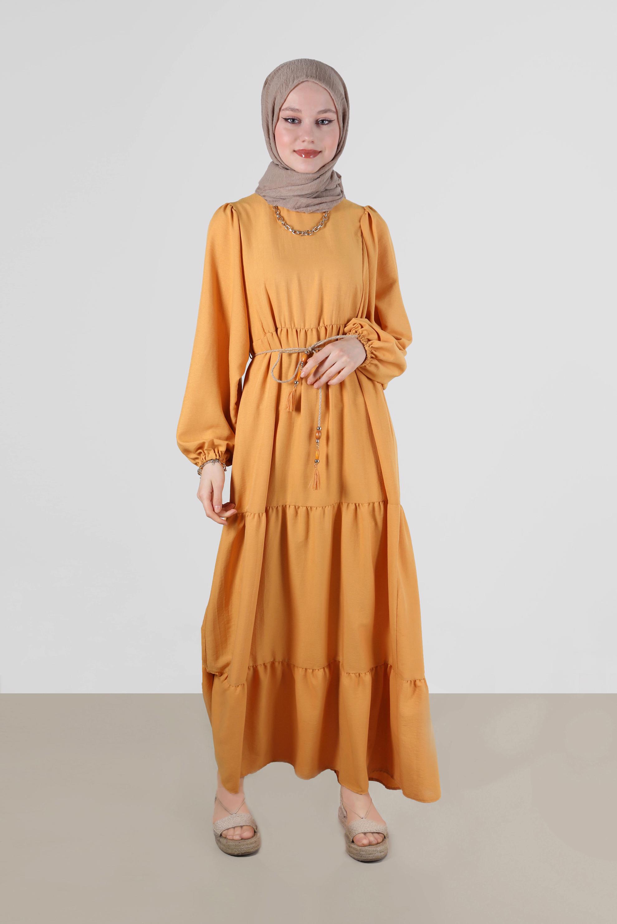 Tesettür giyim SARI MANŞETLERİ LASTİKLİ ELBİSE 42632 