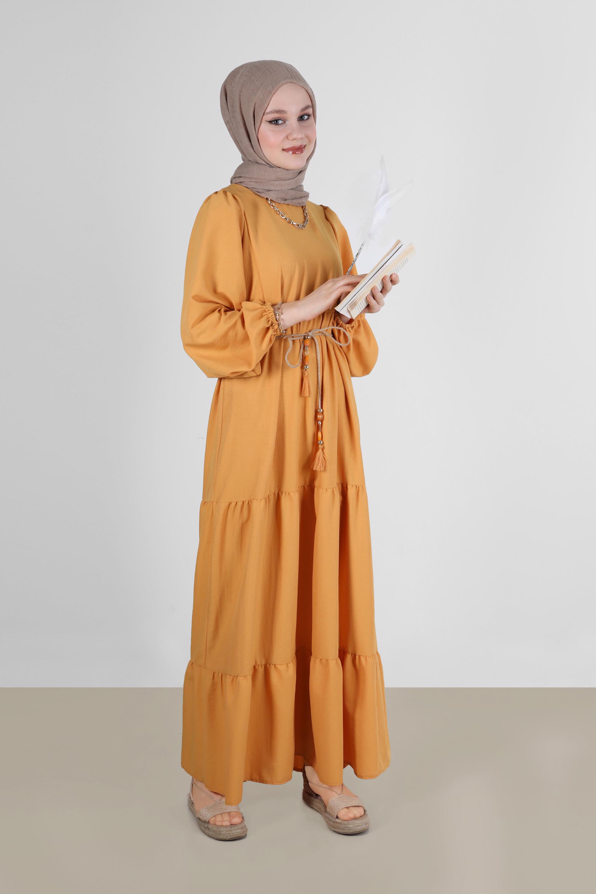 Tesettür giyim SARI MANŞETLERİ LASTİKLİ ELBİSE 42632 