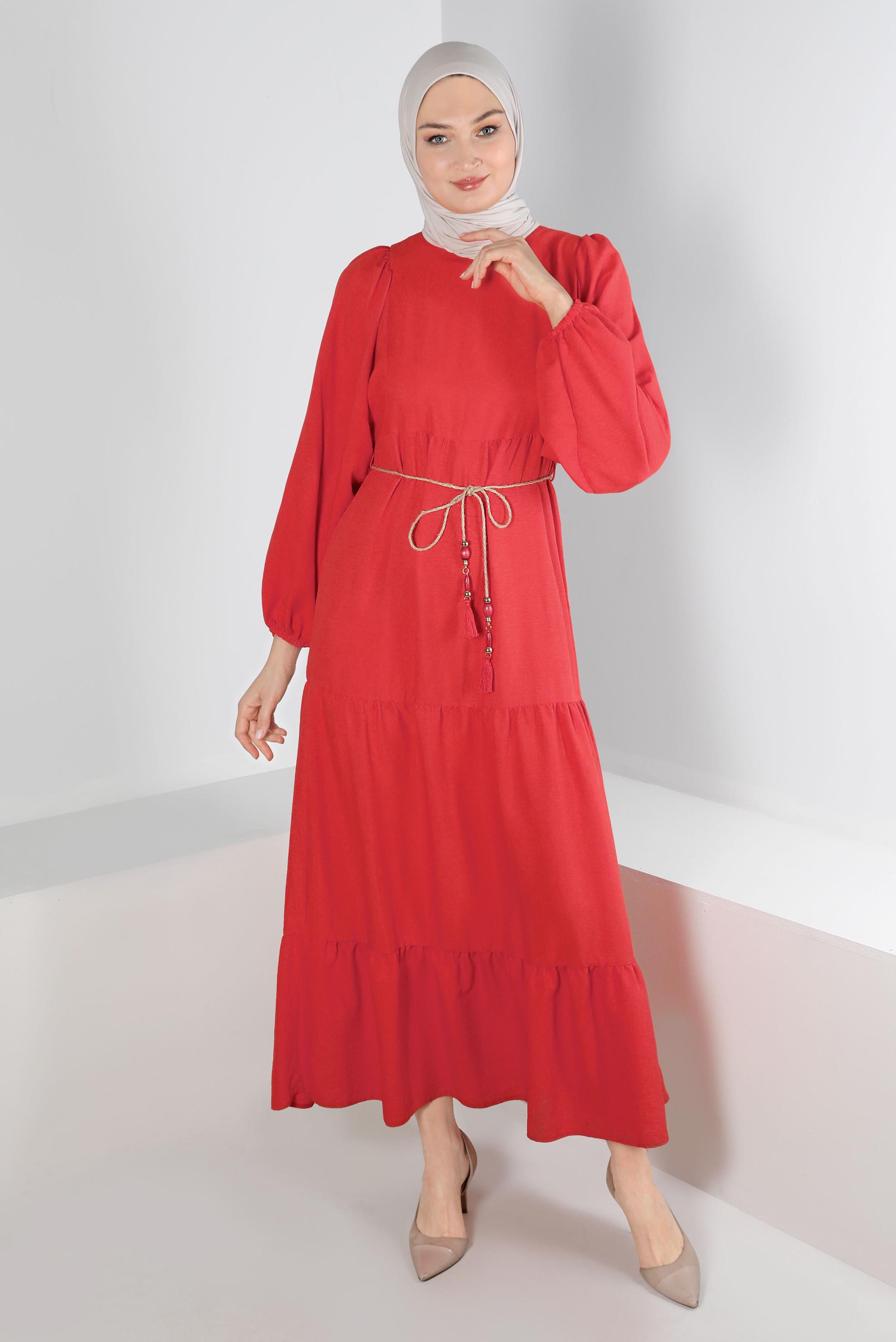 Tesettür giyim KIRMIZI MANŞETLERİ LASTİKLİ ELBİSE 42632 