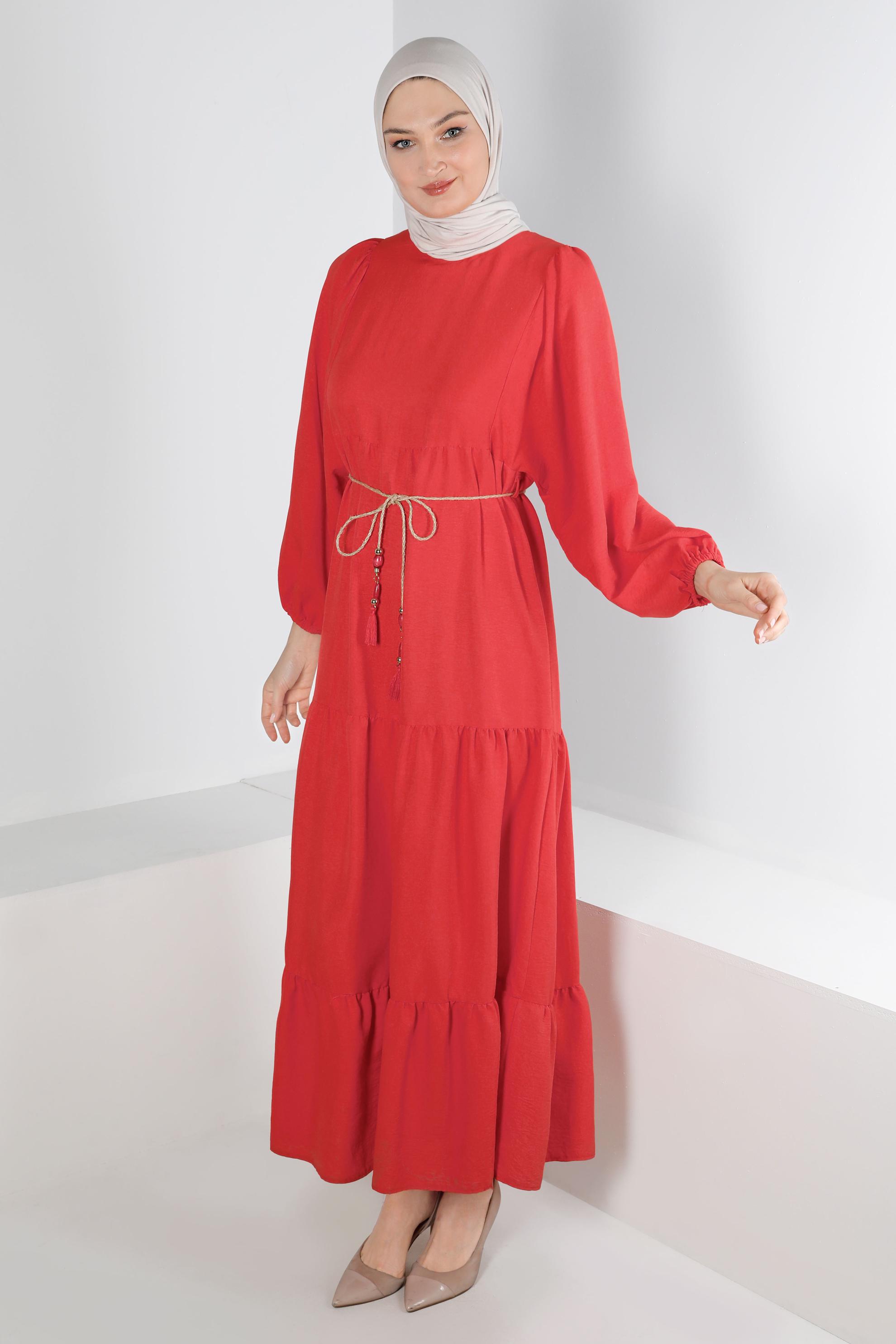 Tesettür giyim KIRMIZI MANŞETLERİ LASTİKLİ ELBİSE 42632 