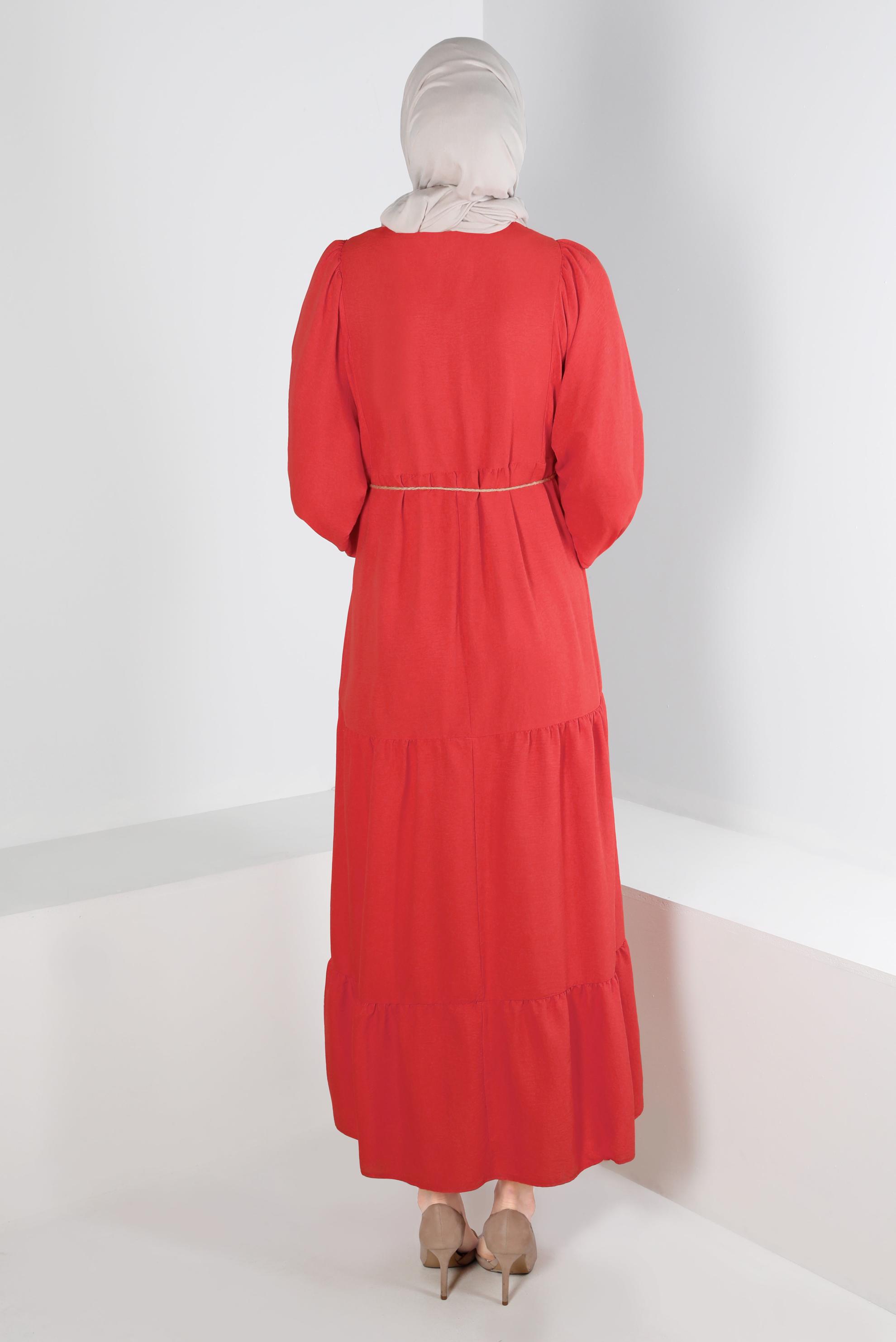 Tesettür giyim KIRMIZI MANŞETLERİ LASTİKLİ ELBİSE 42632 