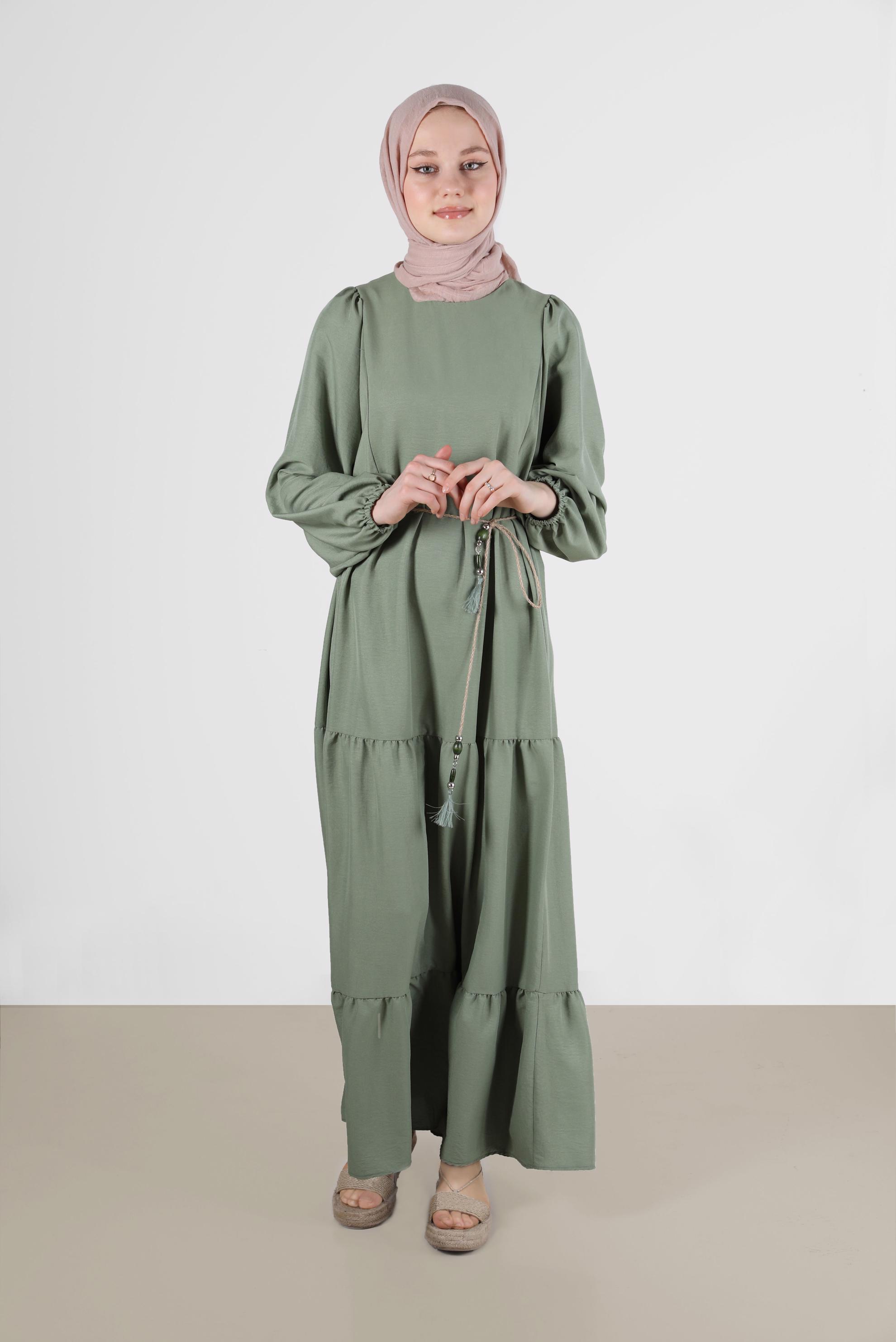 Tesettür giyim YEŞİL MANŞETLERİ LASTİKLİ ELBİSE 42632 
