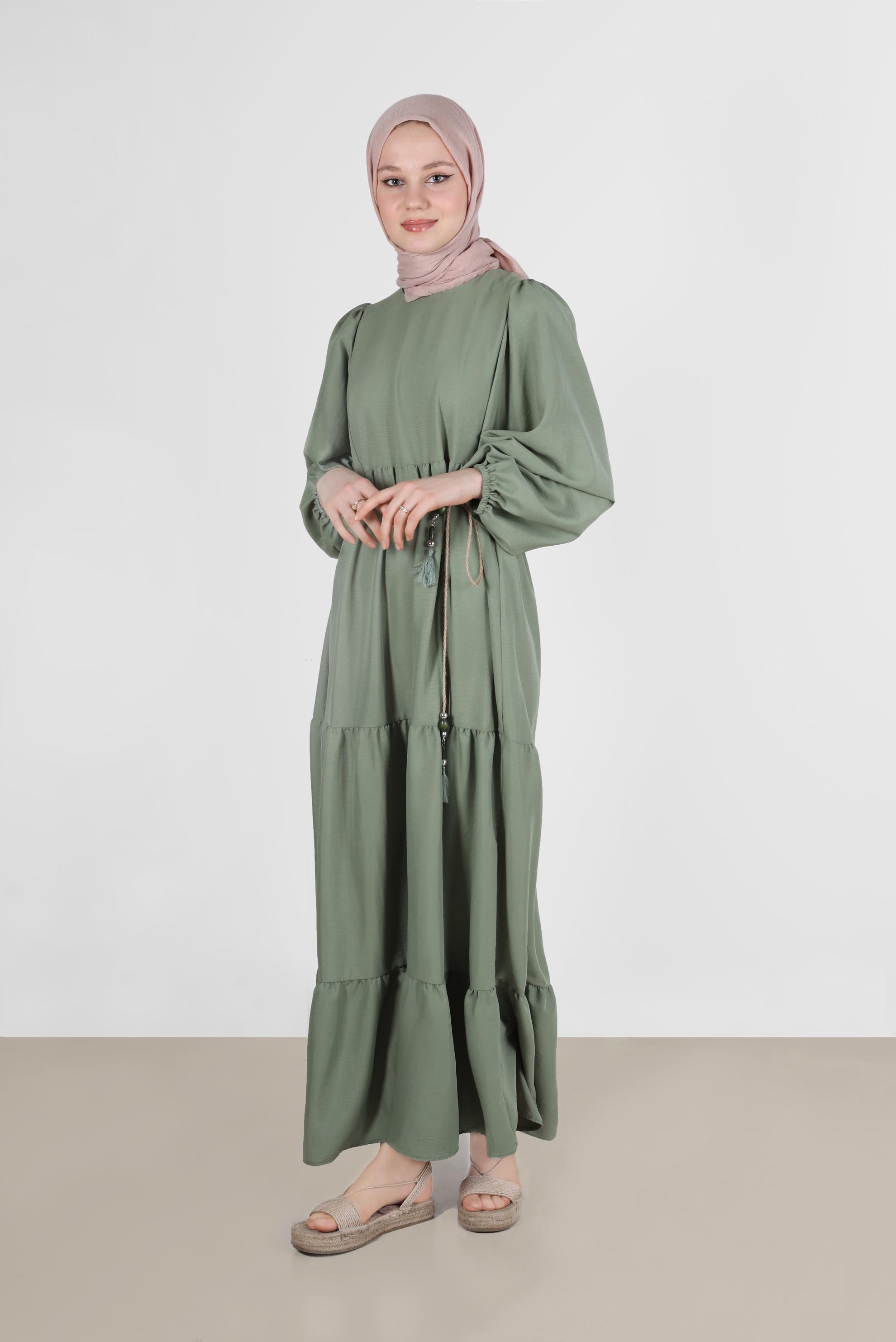 Tesettür giyim YEŞİL MANŞETLERİ LASTİKLİ ELBİSE 42632 