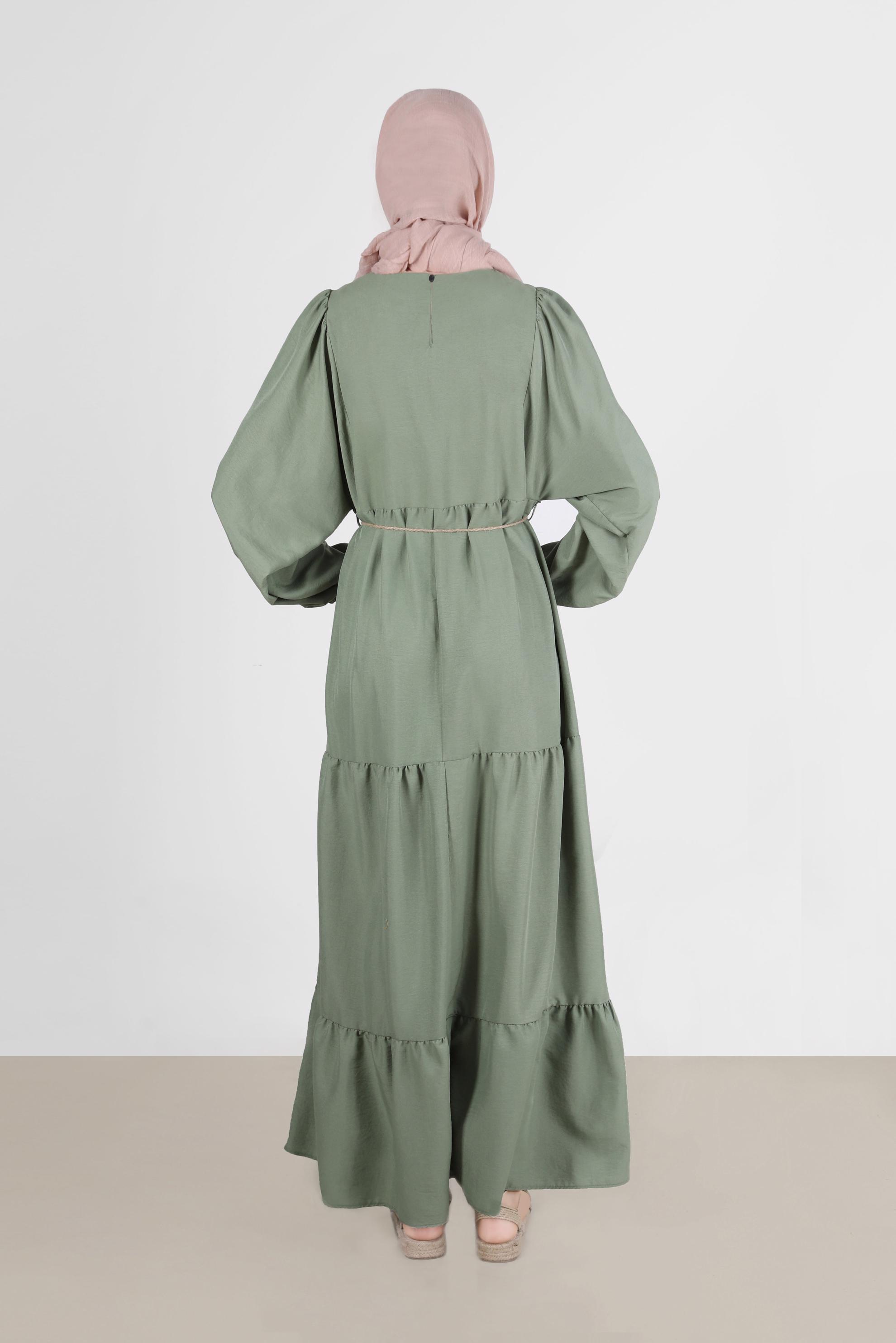 Tesettür giyim YEŞİL MANŞETLERİ LASTİKLİ ELBİSE 42632 