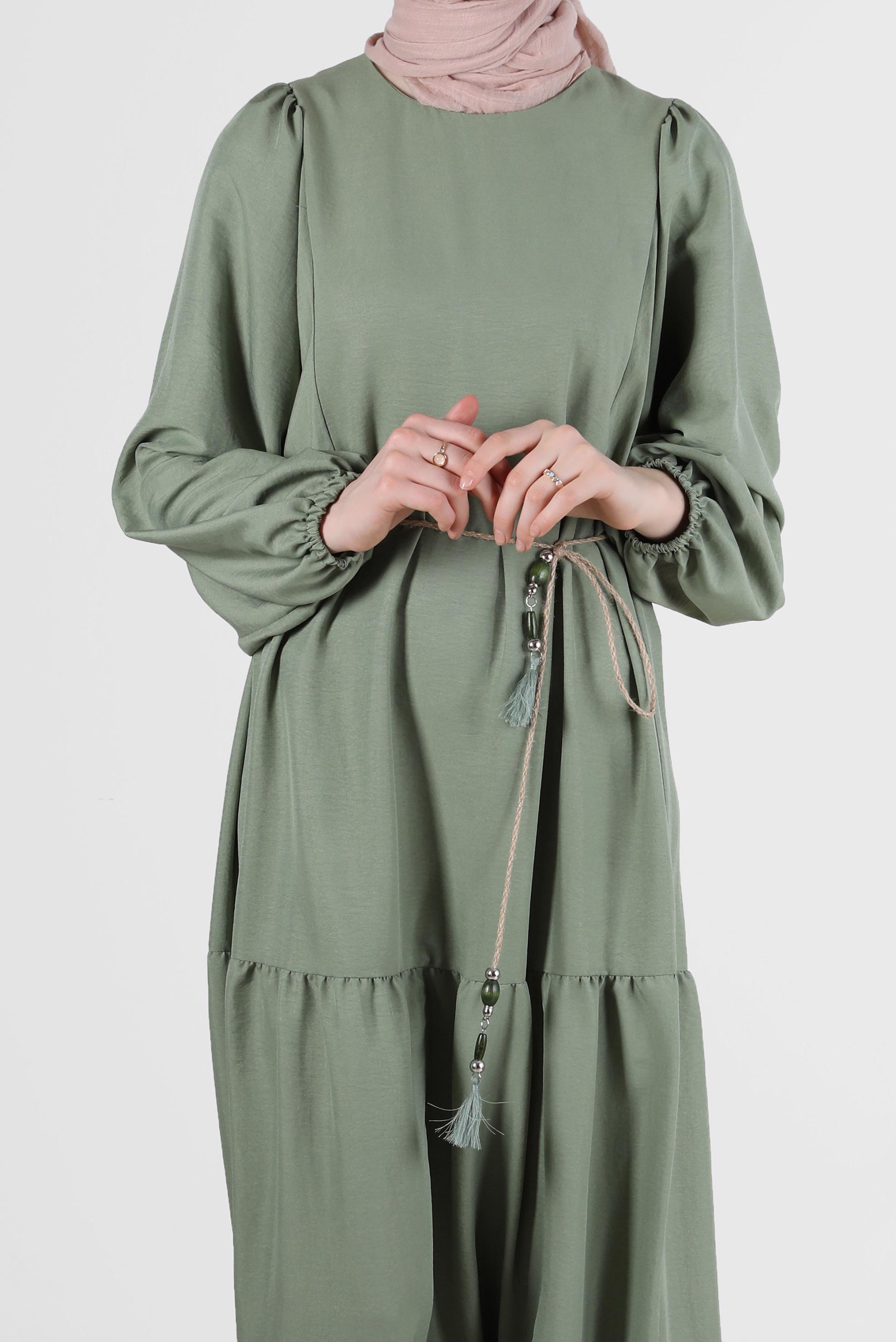 Tesettür giyim YEŞİL MANŞETLERİ LASTİKLİ ELBİSE 42632 