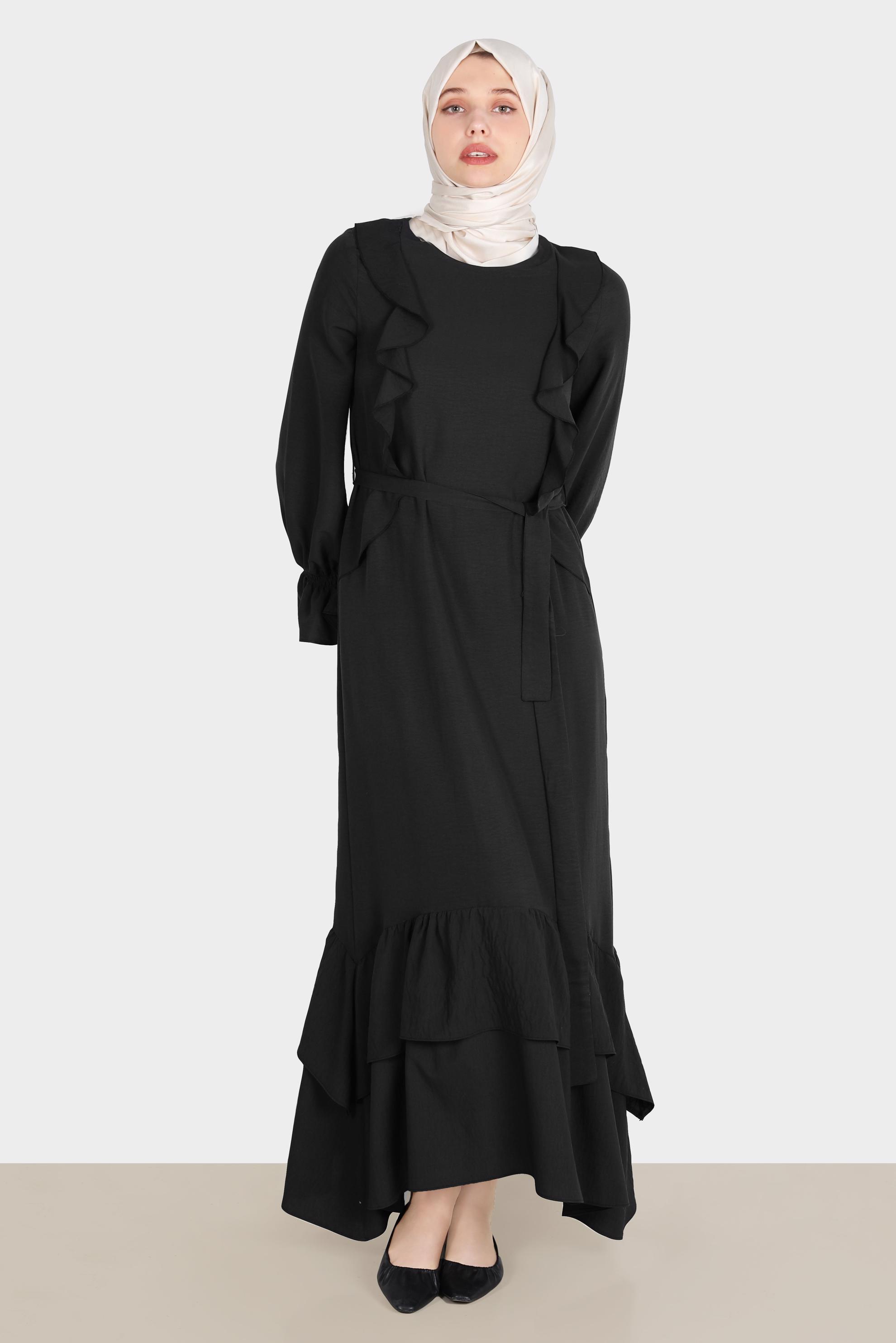 Tesettür giyim SİYAH VOLAN DETAYLI KUŞAKLI ELBİSE 42633 