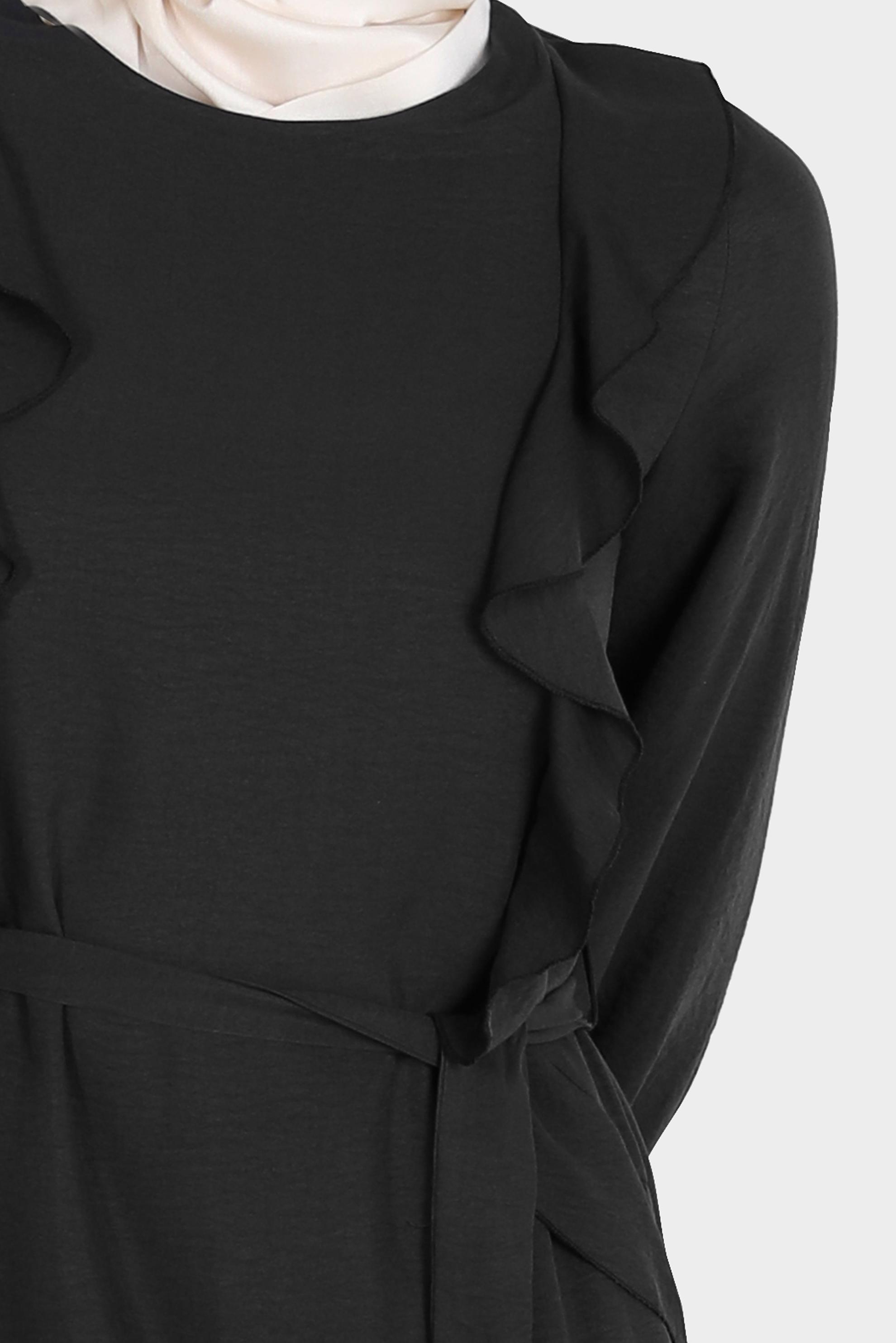 Tesettür giyim SİYAH VOLAN DETAYLI KUŞAKLI ELBİSE 42633 