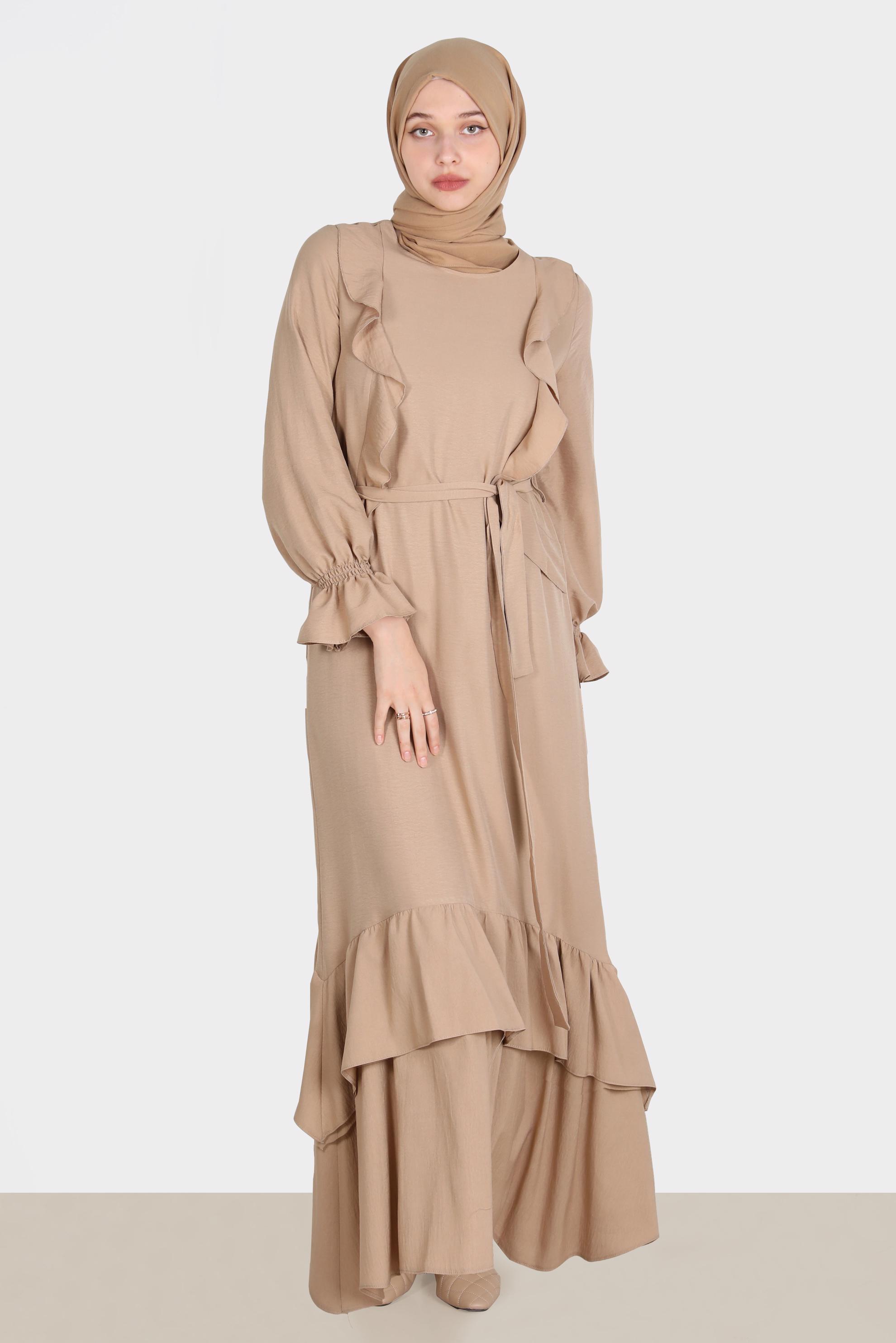 Tesettür giyim KAHVE VOLAN DETAYLI KUŞAKLI ELBİSE 42633 