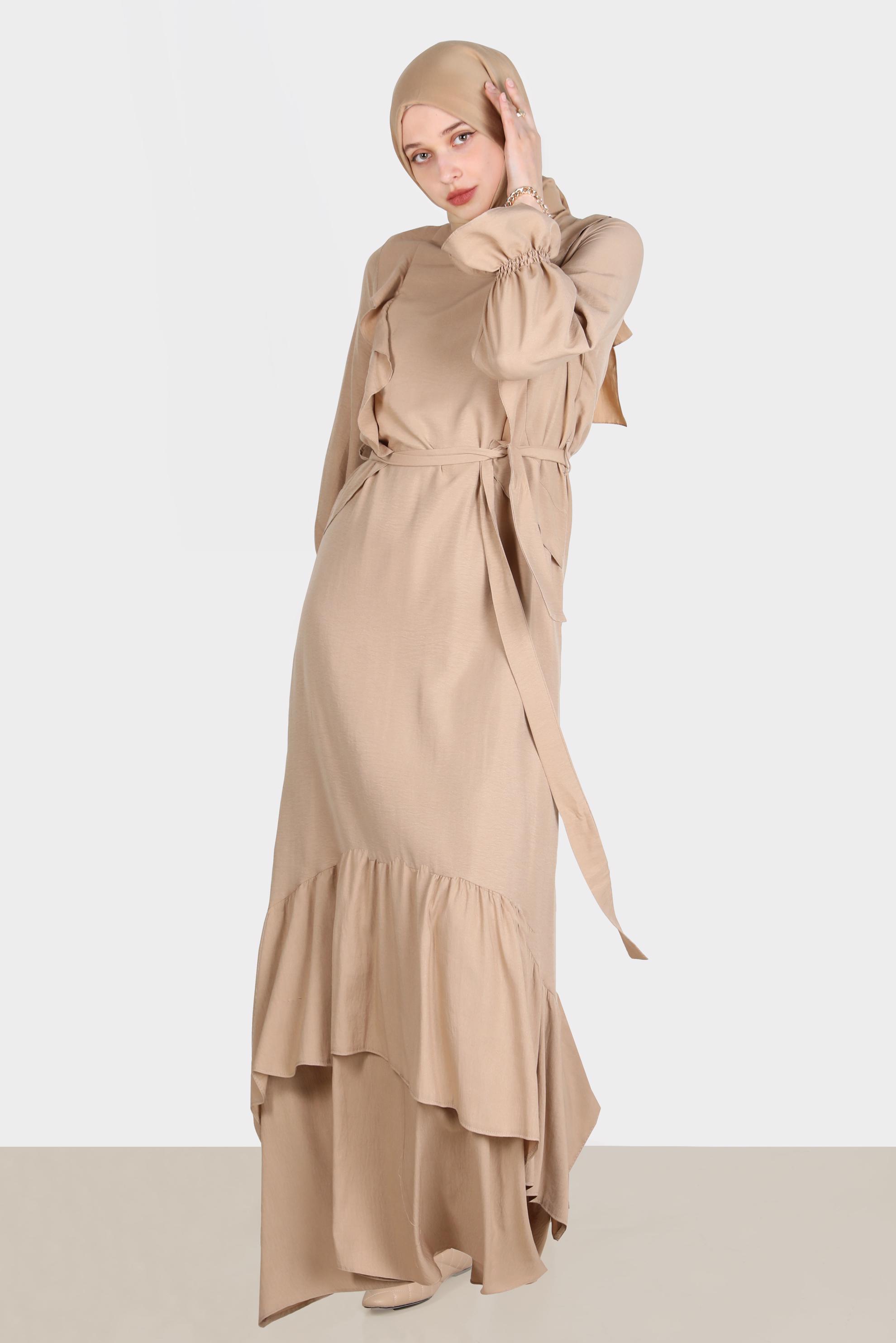Tesettür giyim KAHVE VOLAN DETAYLI KUŞAKLI ELBİSE 42633 