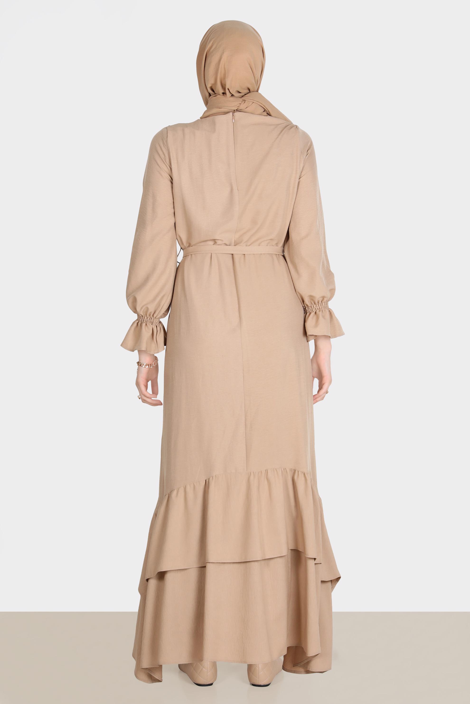 Tesettür giyim KAHVE VOLAN DETAYLI KUŞAKLI ELBİSE 42633 