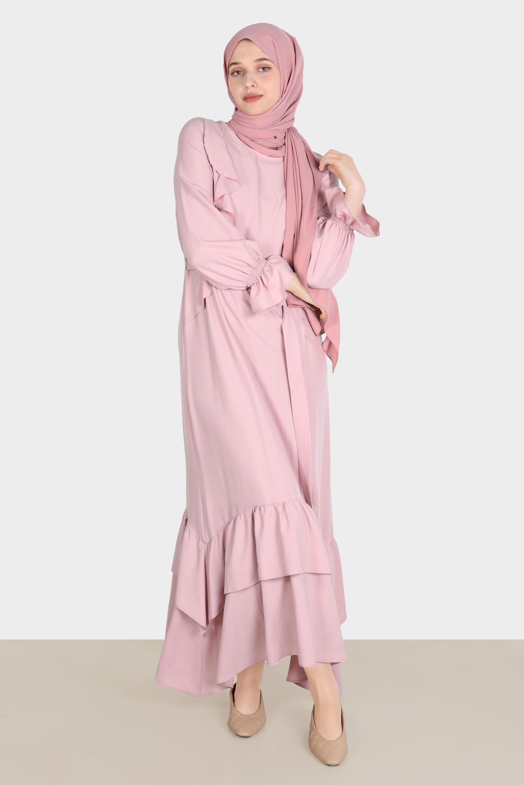 Tesettür giyim PUDRA VOLAN DETAYLI KUŞAKLI ELBİSE 42633 