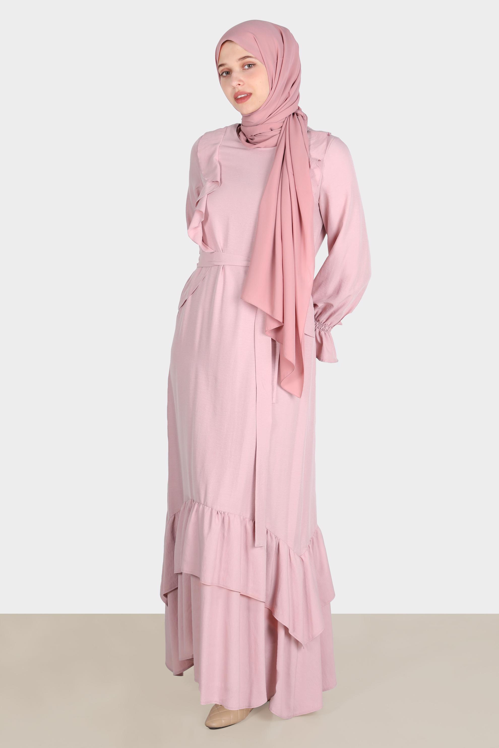 Tesettür giyim PUDRA VOLAN DETAYLI KUŞAKLI ELBİSE 42633 
