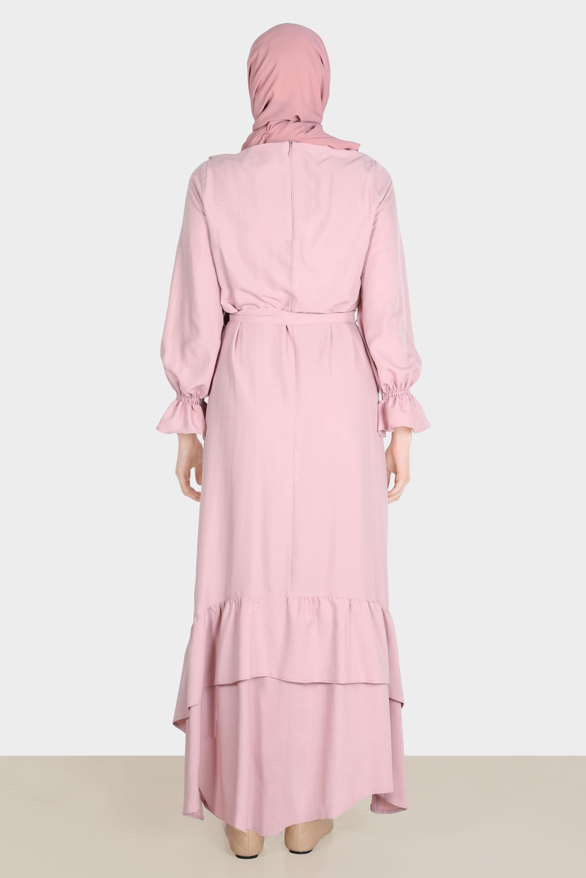 Tesettür giyim PUDRA VOLAN DETAYLI KUŞAKLI ELBİSE 42633 