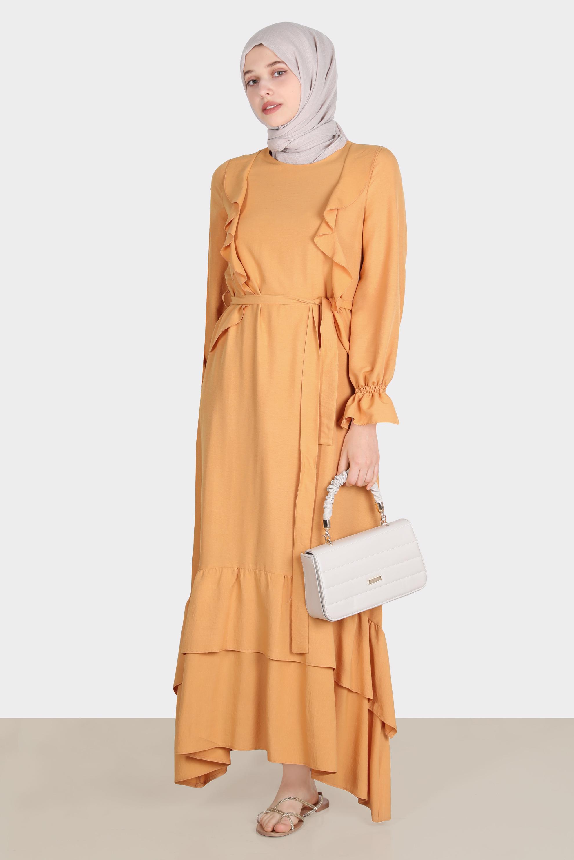 Tesettür giyim SARI VOLAN DETAYLI KUŞAKLI ELBİSE 42633 