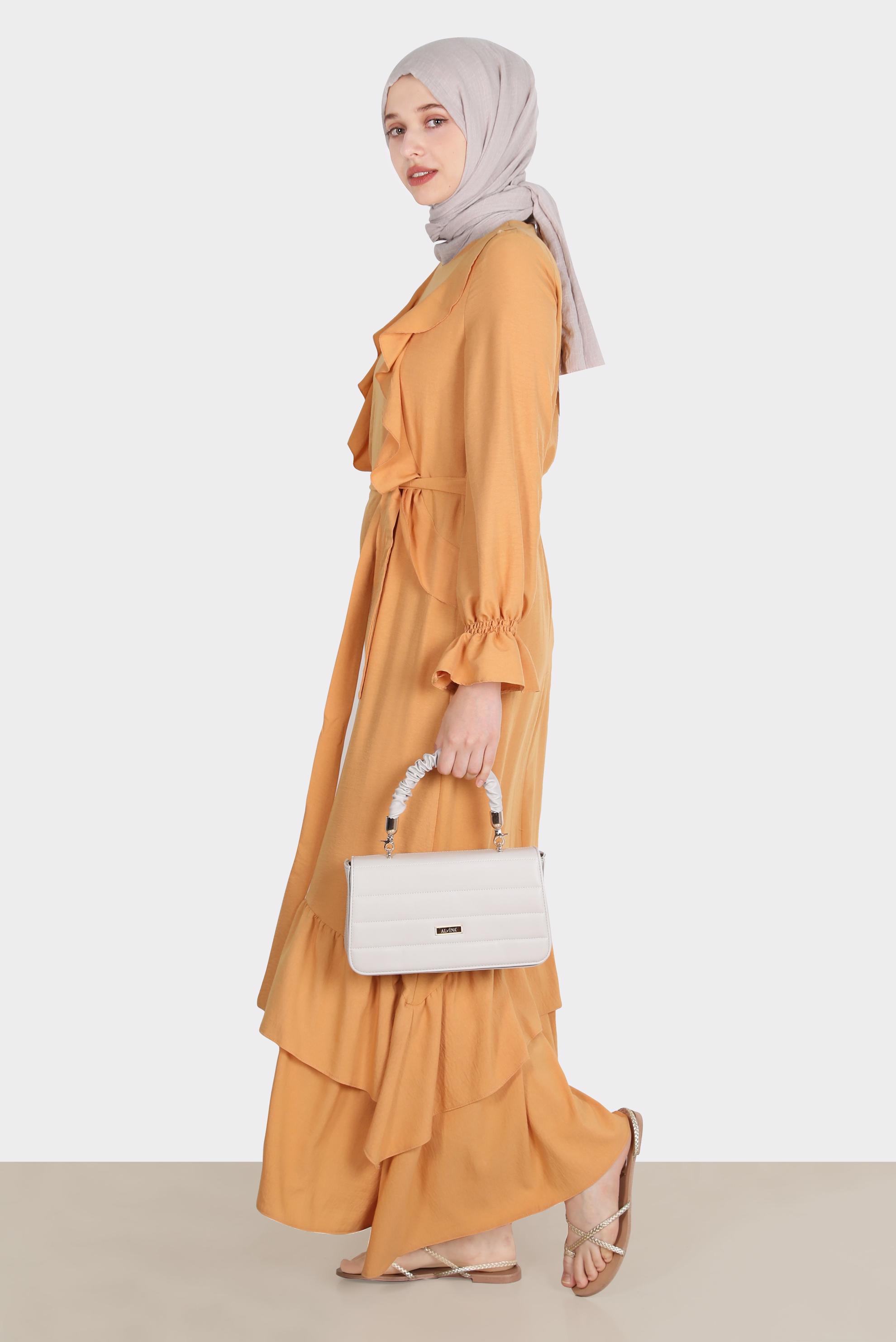 Tesettür giyim SARI VOLAN DETAYLI KUŞAKLI ELBİSE 42633 