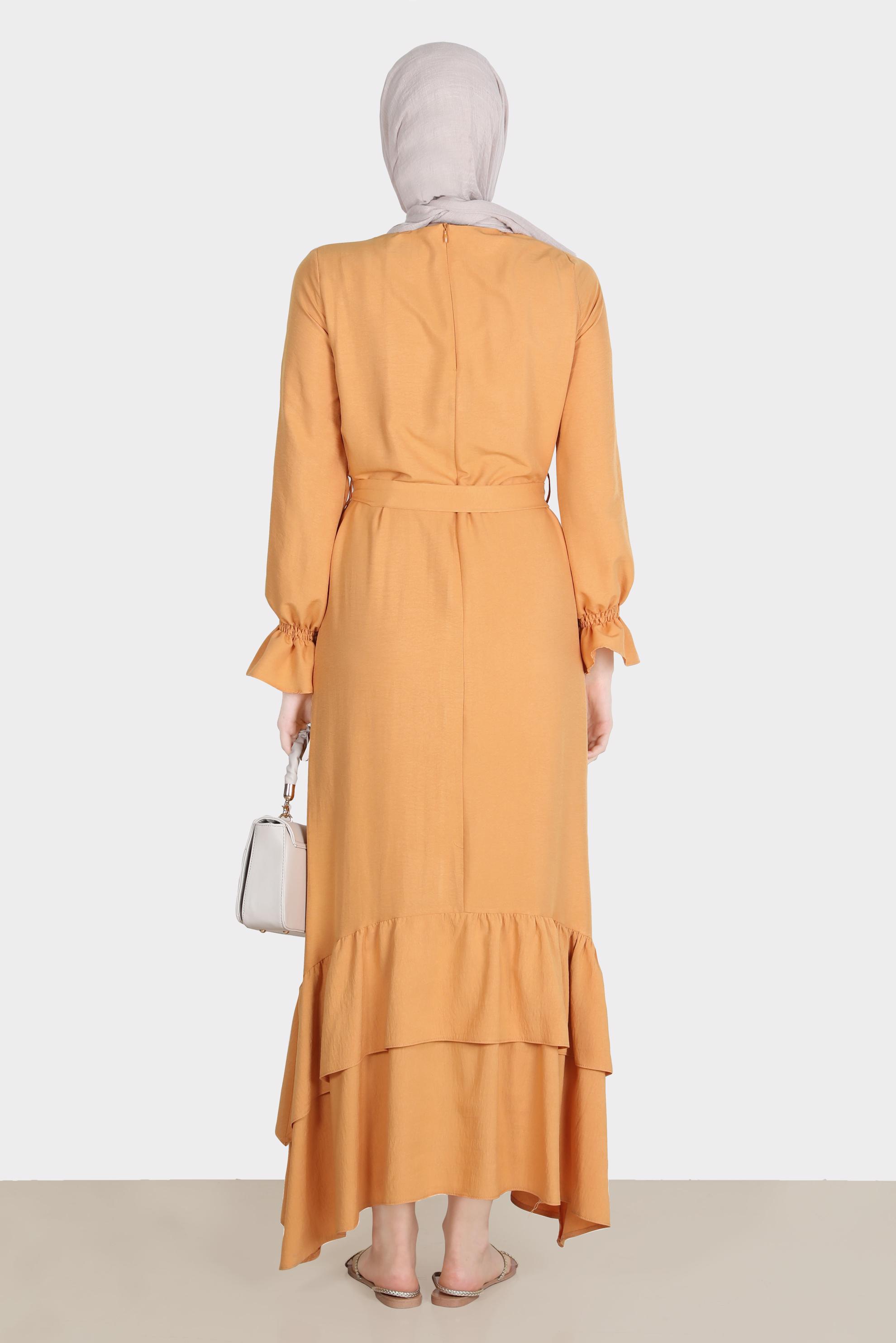 Tesettür giyim SARI VOLAN DETAYLI KUŞAKLI ELBİSE 42633 