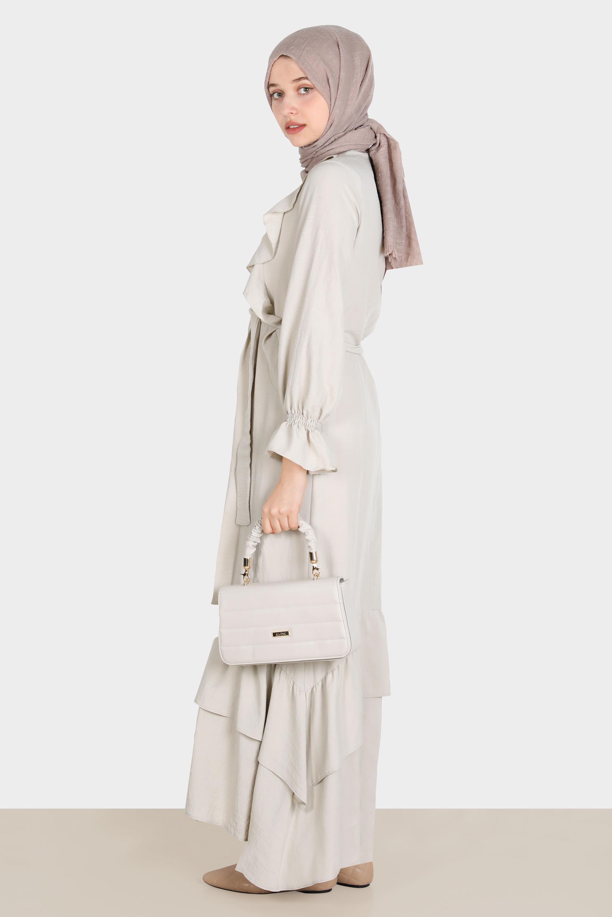 Tesettür giyim BEJ VOLAN DETAYLI KUŞAKLI ELBİSE 42633 