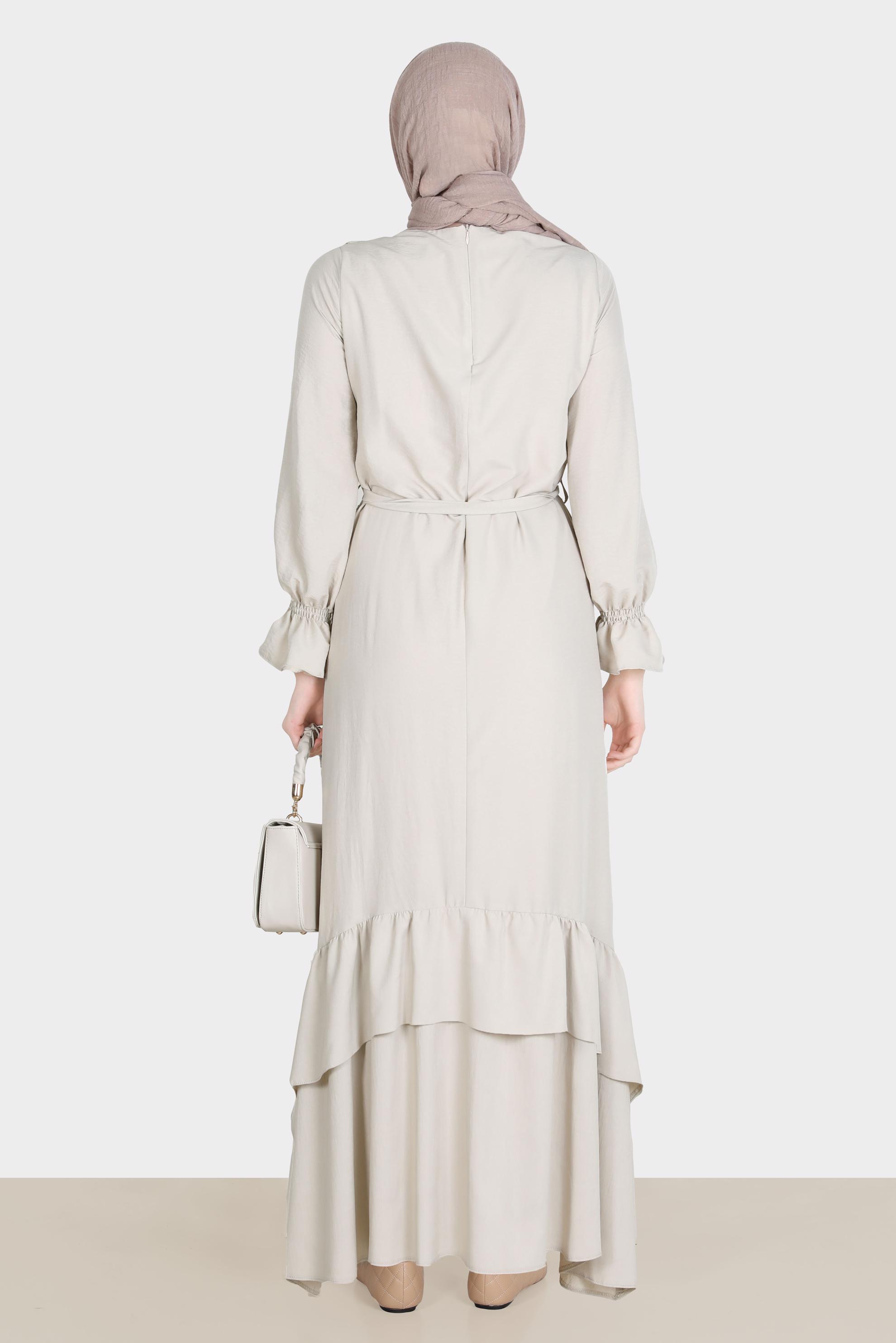 Tesettür giyim BEJ VOLAN DETAYLI KUŞAKLI ELBİSE 42633 