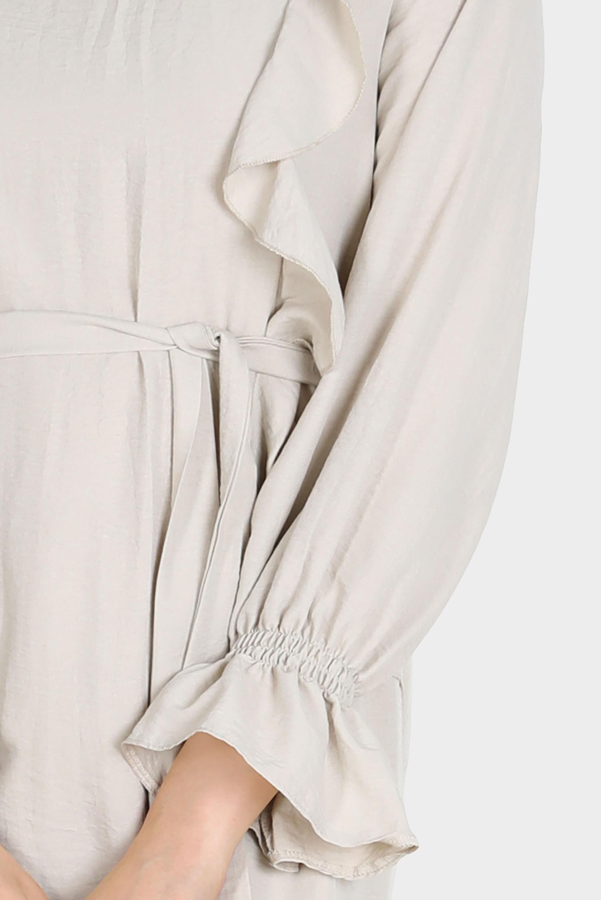 Tesettür giyim BEJ VOLAN DETAYLI KUŞAKLI ELBİSE 42633 