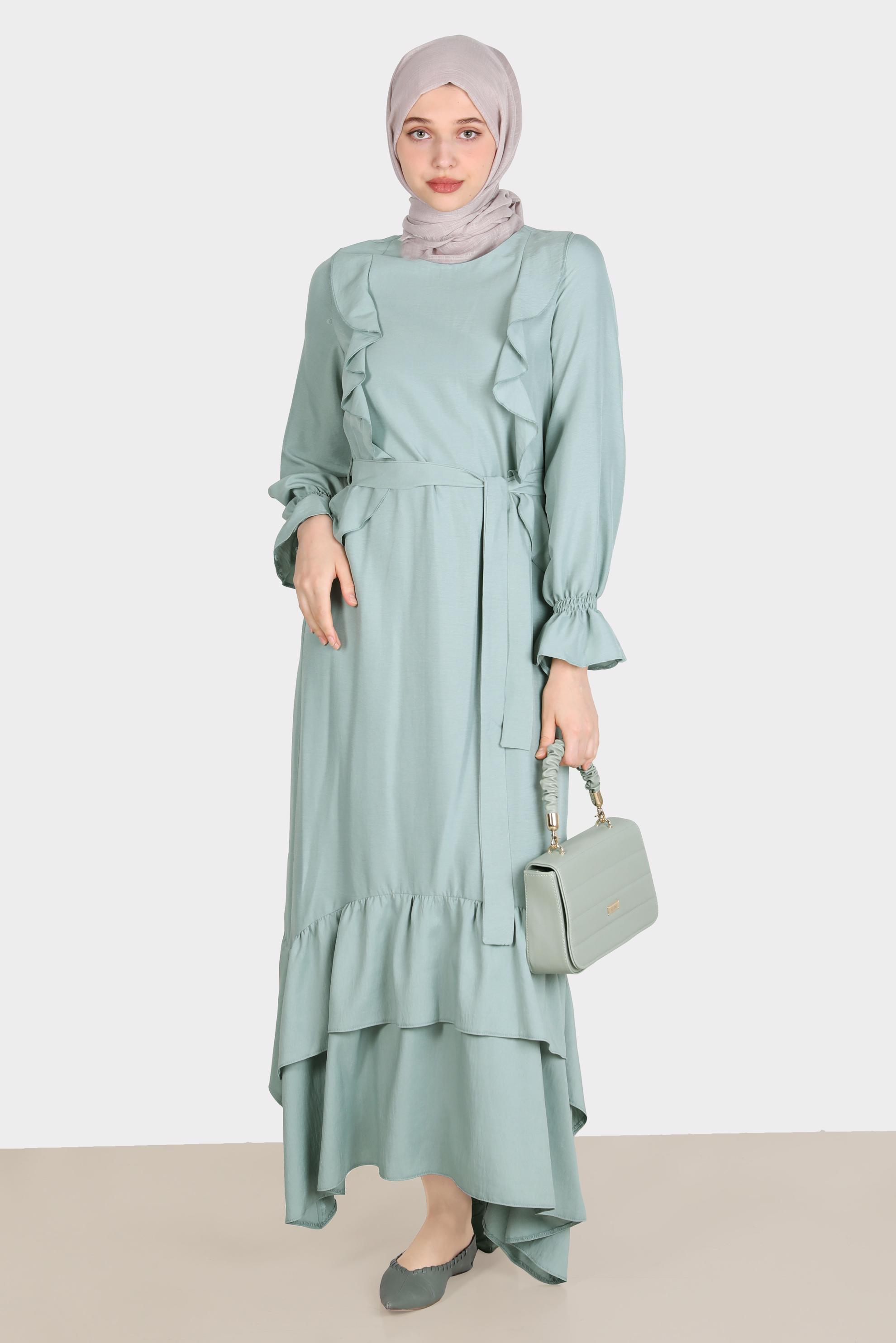 Tesettür giyim MAVİ VOLAN DETAYLI KUŞAKLI ELBİSE 42633 