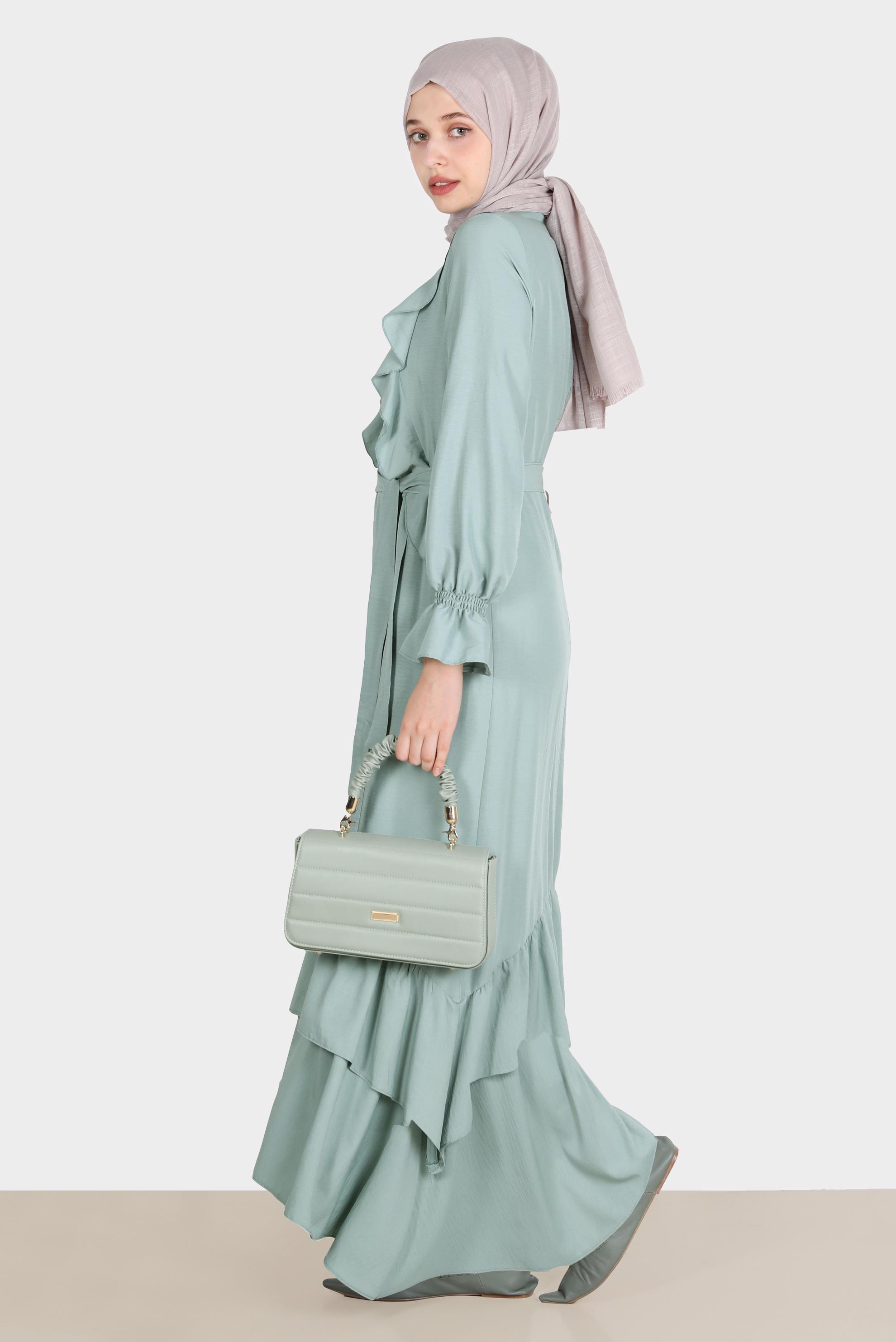 Tesettür giyim MAVİ VOLAN DETAYLI KUŞAKLI ELBİSE 42633 