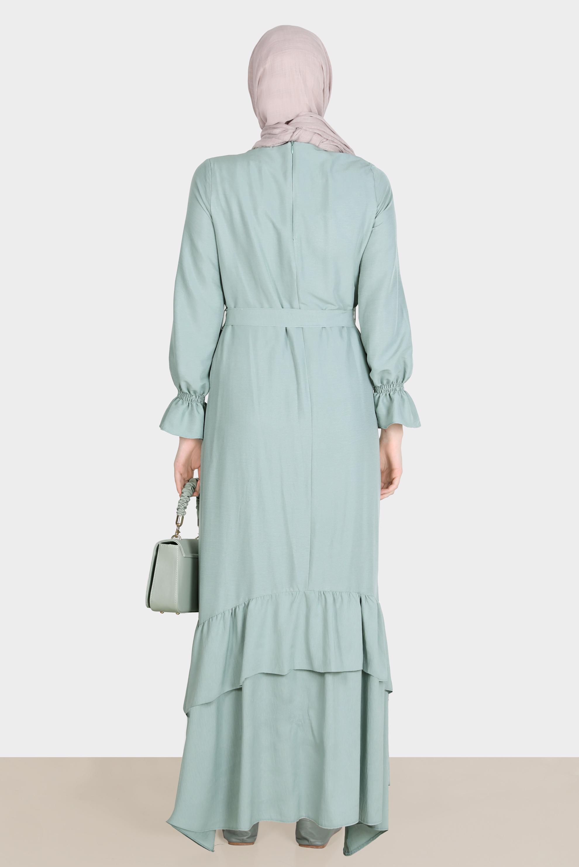 Tesettür giyim MAVİ VOLAN DETAYLI KUŞAKLI ELBİSE 42633 