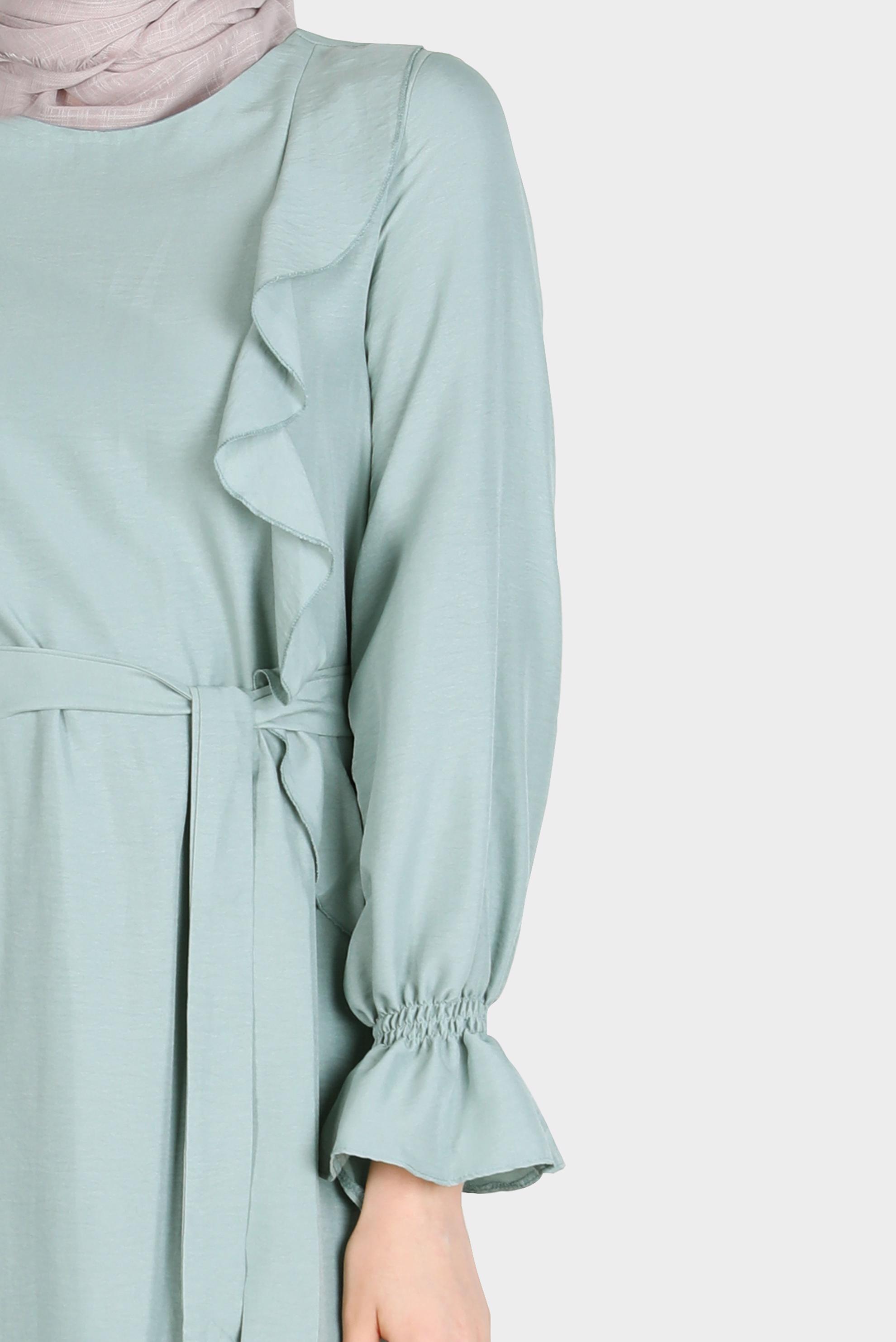 Tesettür giyim MAVİ VOLAN DETAYLI KUŞAKLI ELBİSE 42633 