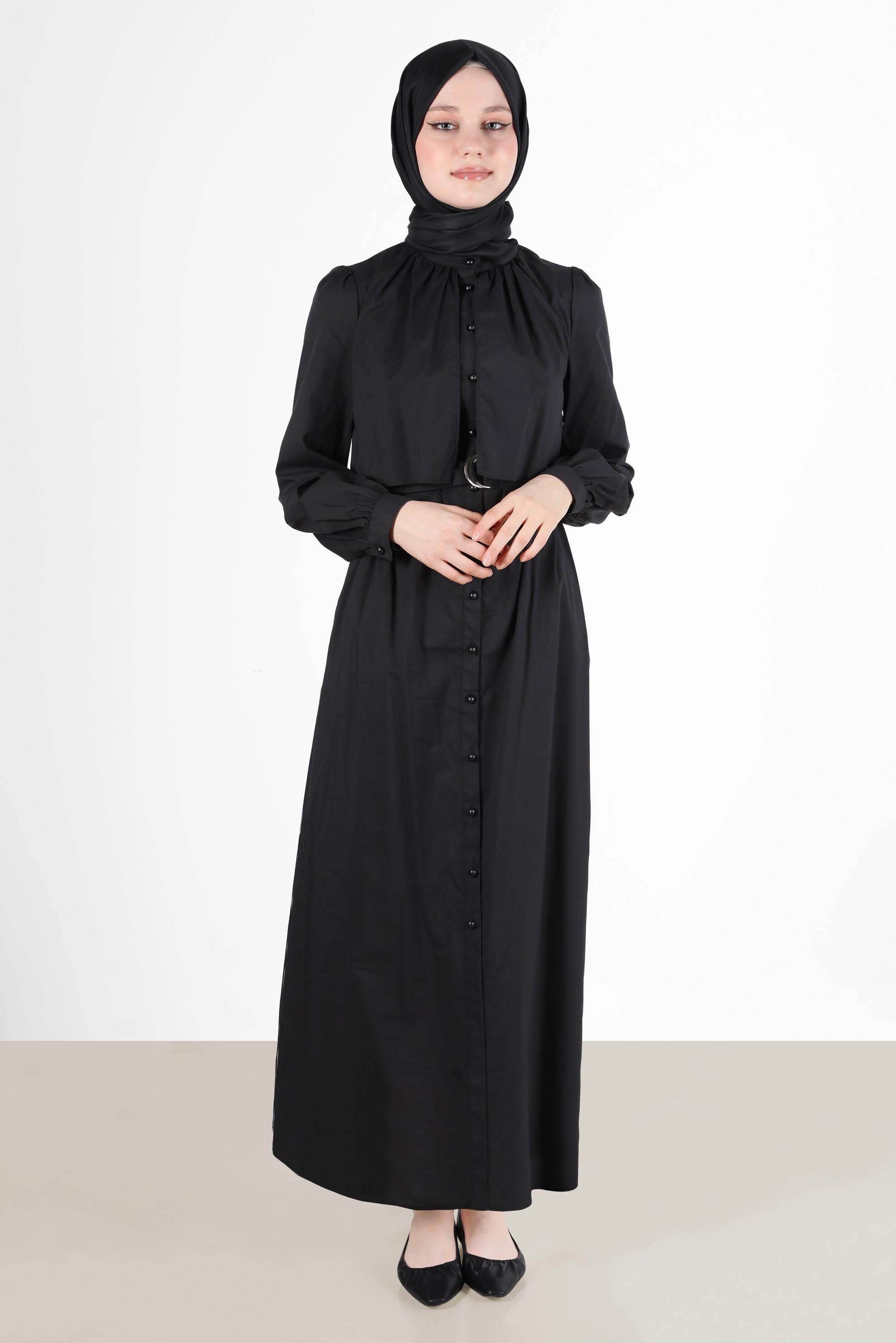 Tesettür giyim SİYAH BOYDAN DÜĞMELİ KEMERLİ ELBİSE 42634 