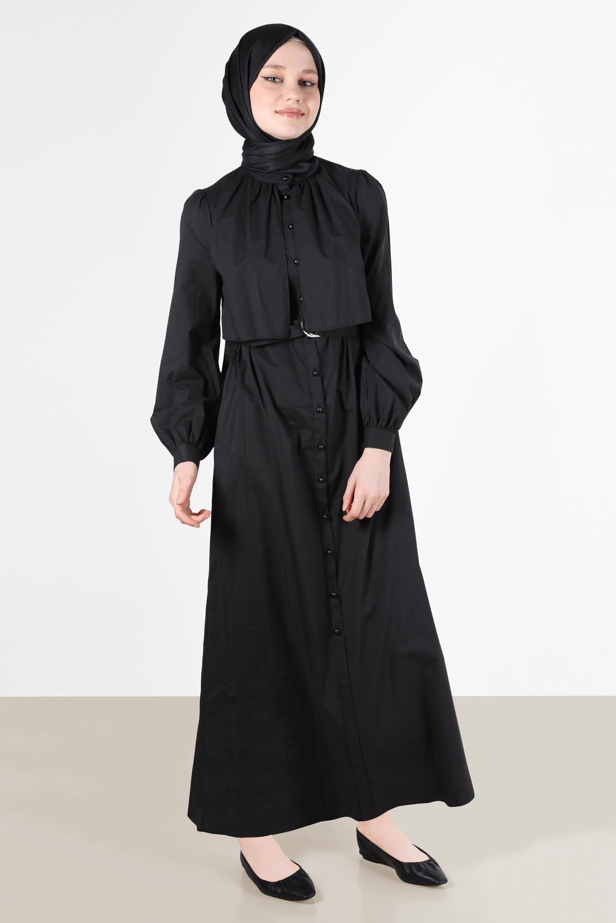 Tesettür giyim SİYAH BOYDAN DÜĞMELİ KEMERLİ ELBİSE 42634 