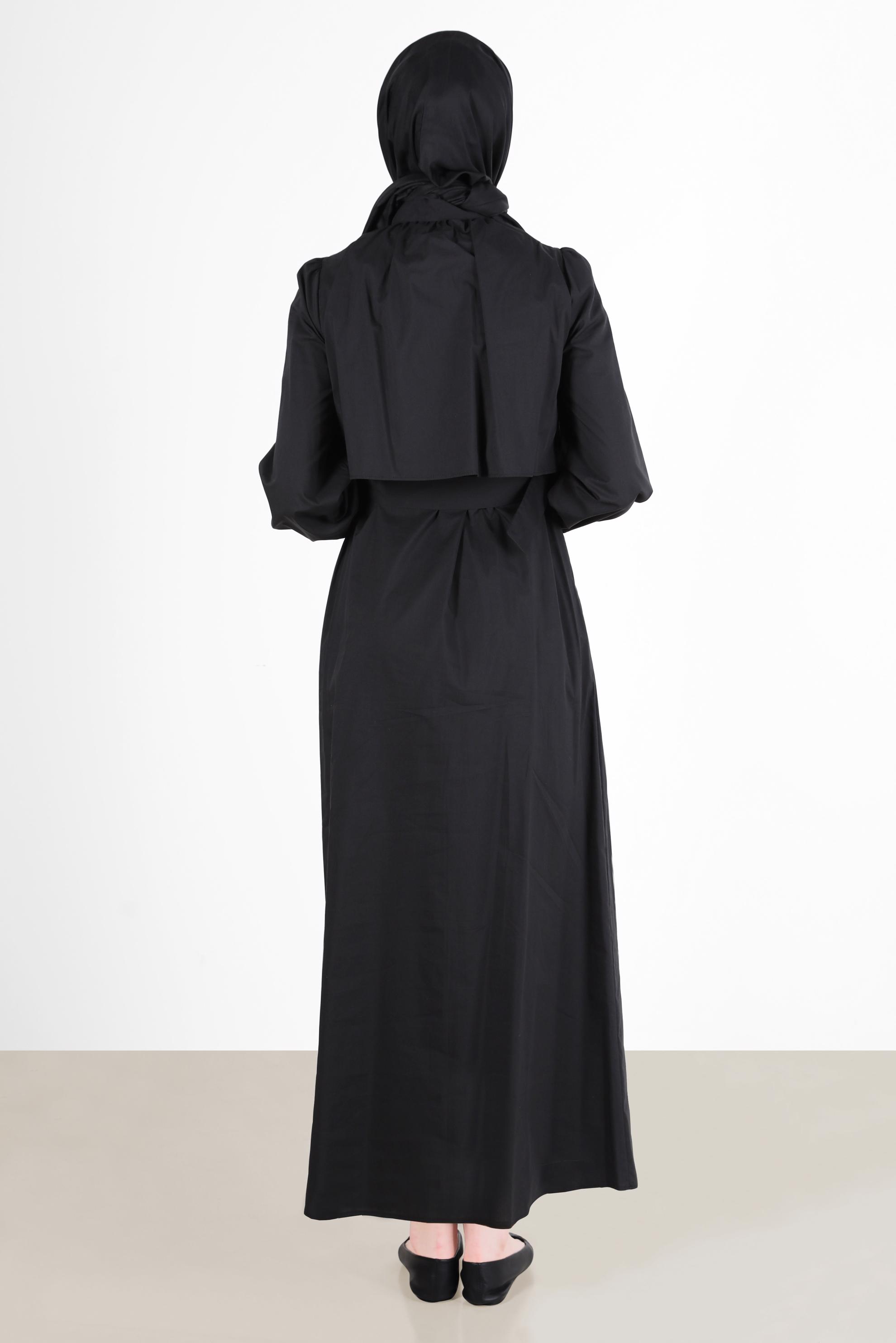 Tesettür giyim SİYAH BOYDAN DÜĞMELİ KEMERLİ ELBİSE 42634 