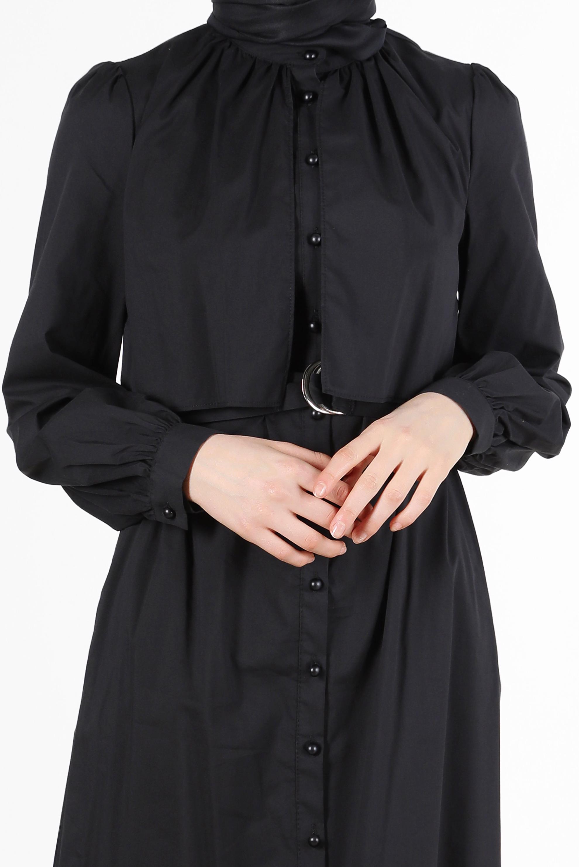 Tesettür giyim SİYAH BOYDAN DÜĞMELİ KEMERLİ ELBİSE 42634 